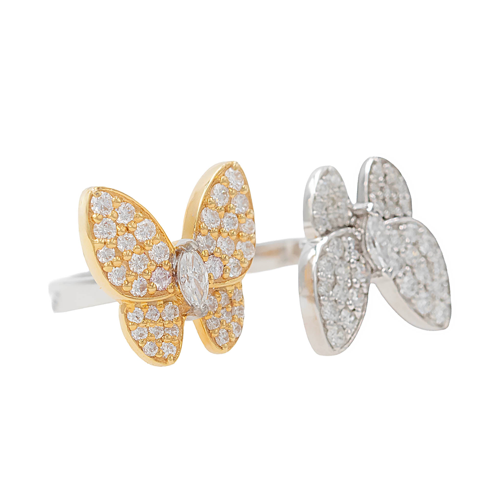 Yellow And White Gold Diamond Double Butterfly Ring