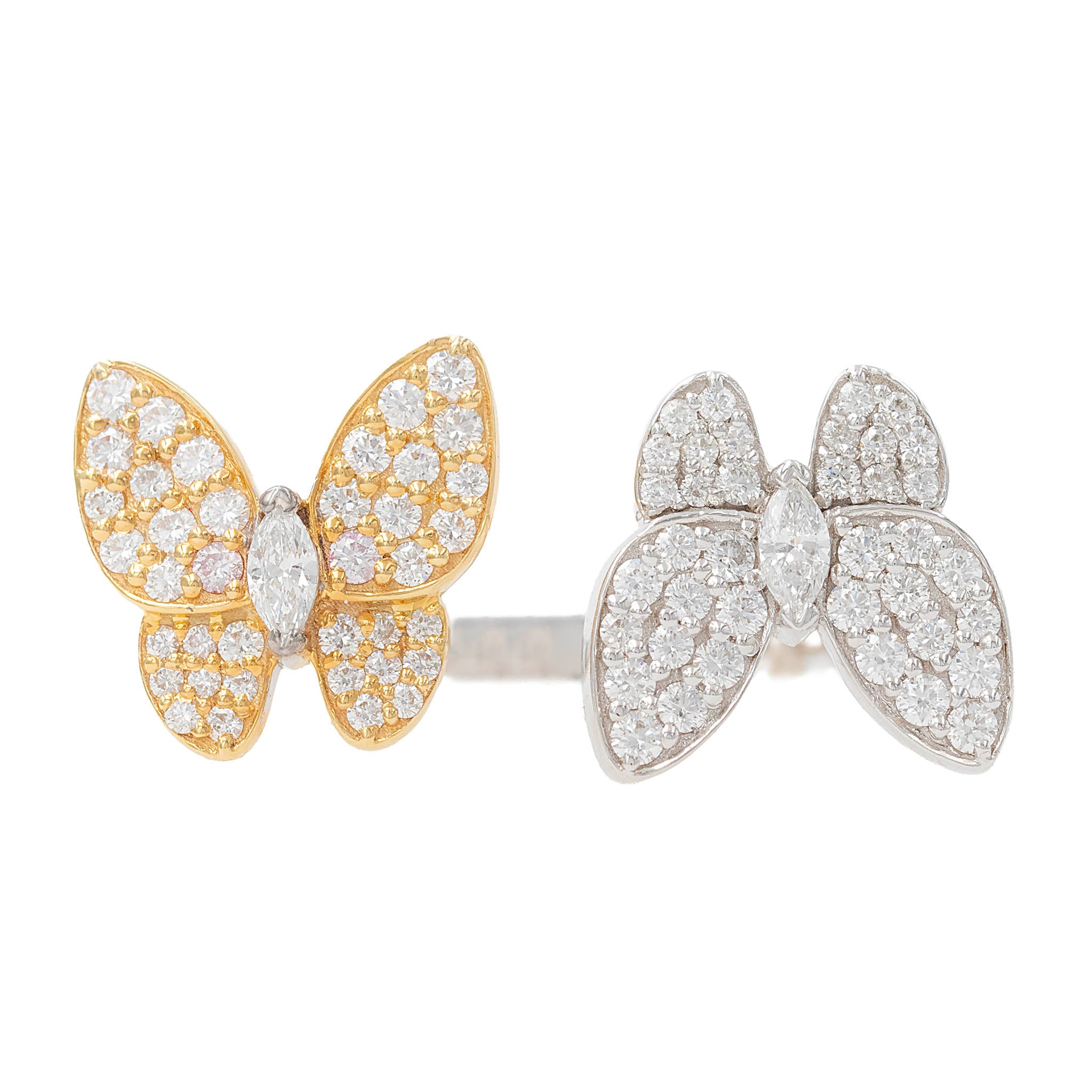 Yellow And White Gold Diamond Double Butterfly Ring