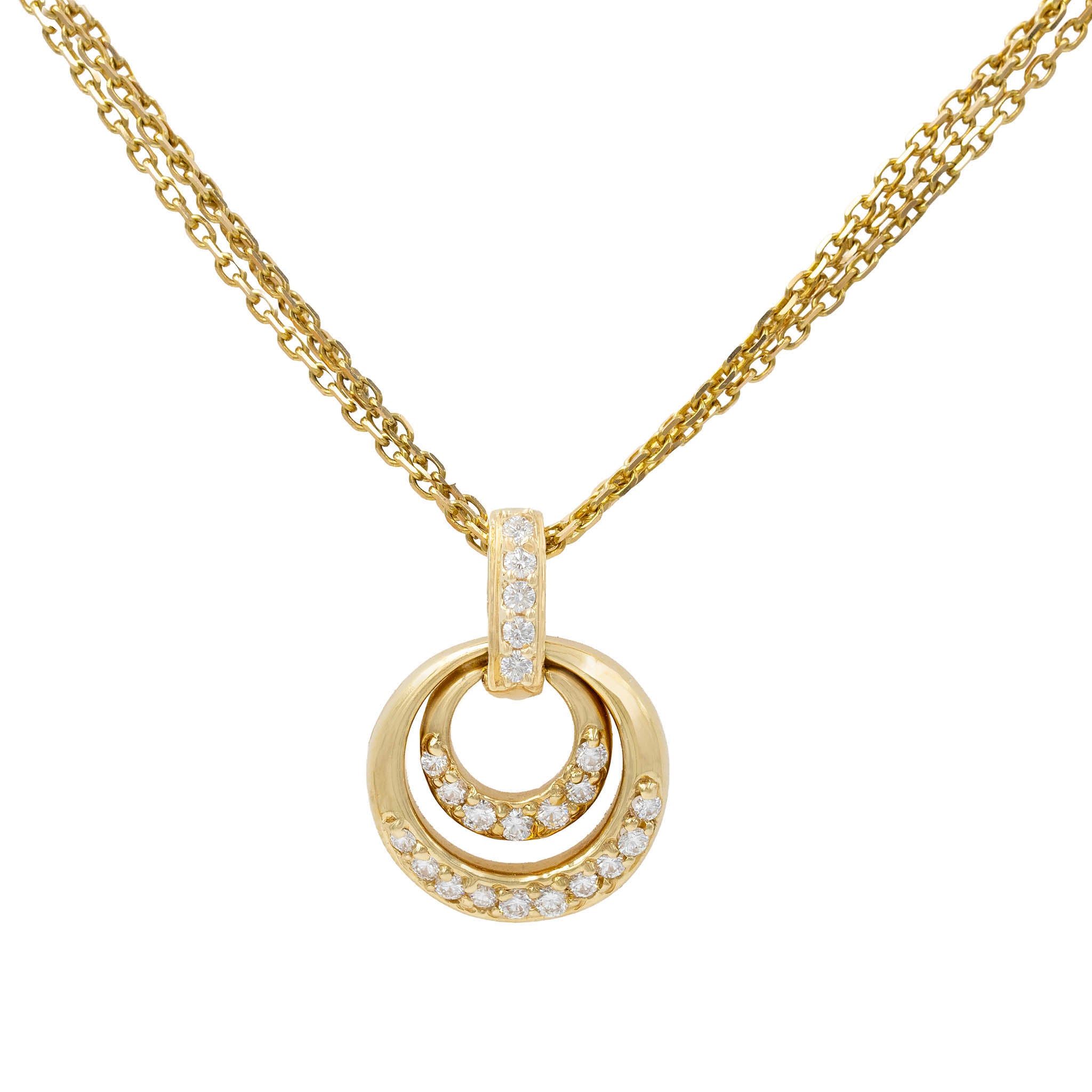 18k Circle Pendant With Flush Set Diamonds On Triple Chain