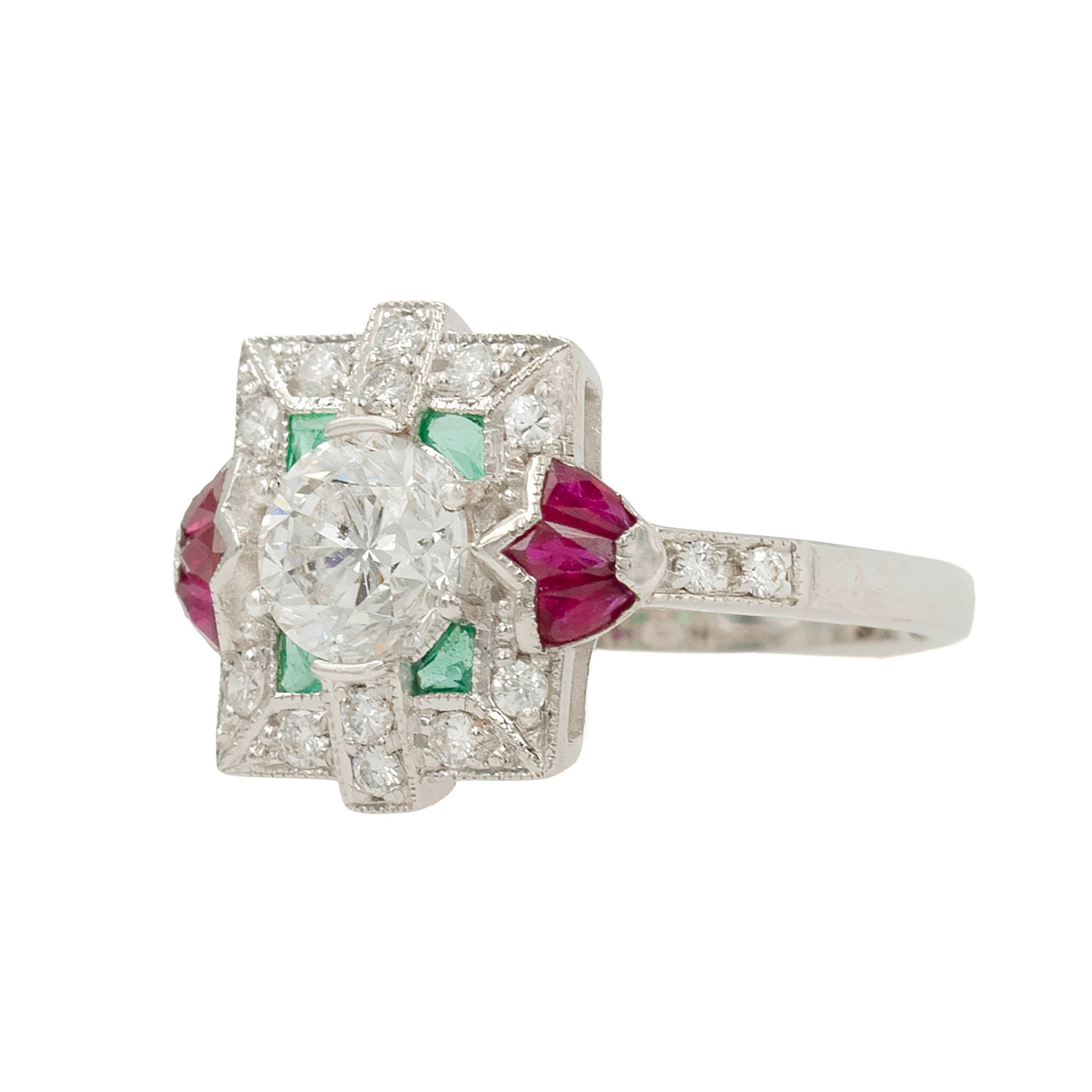 Deco Style Diamond Ring With Ruby And Emerald Accents