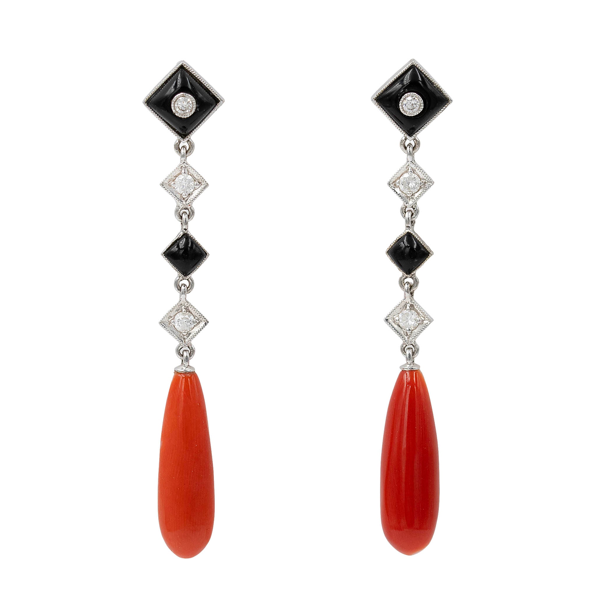 Coral Onyx And Diamond Deco Style Drop Earrings
