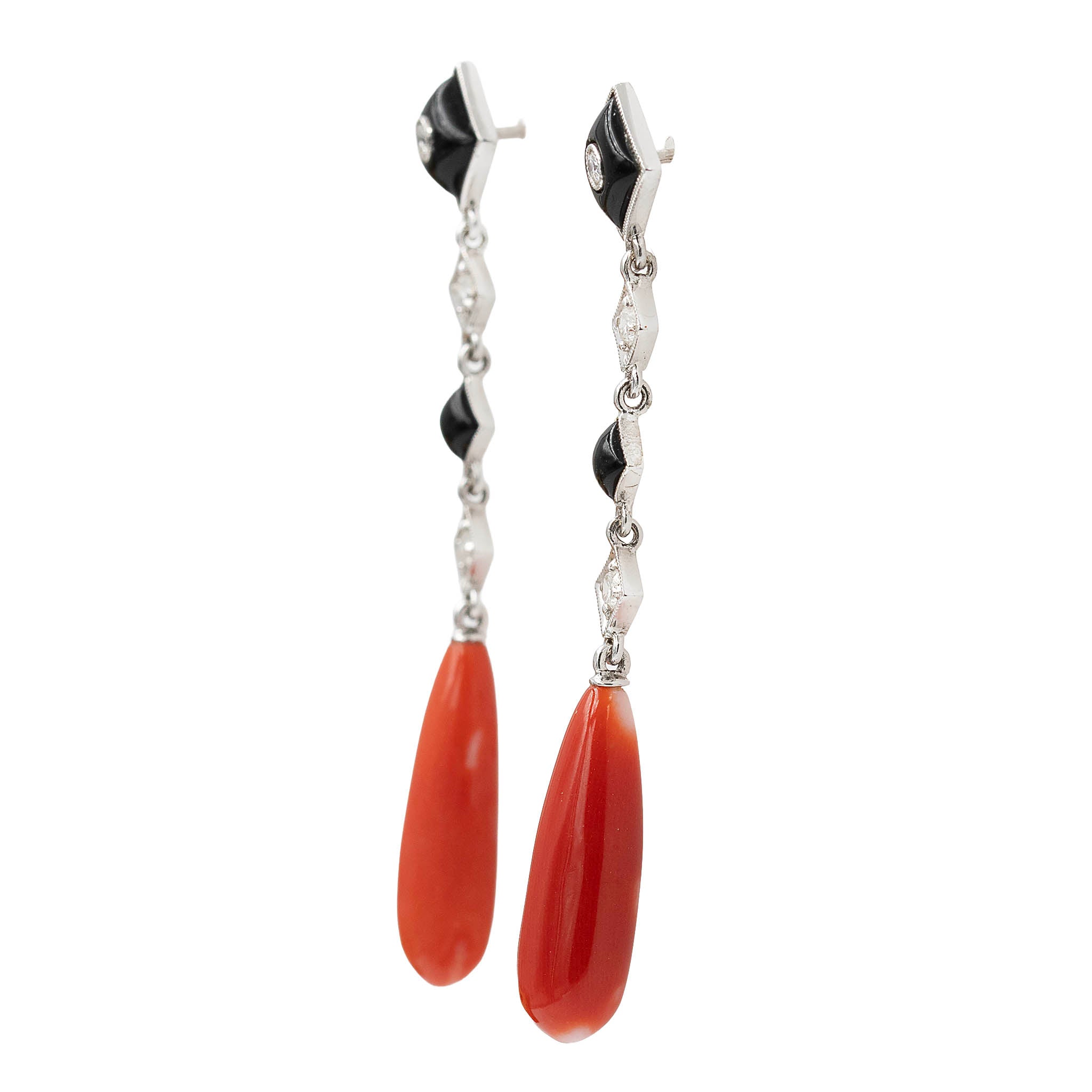 Coral Onyx And Diamond Deco Style Drop Earrings
