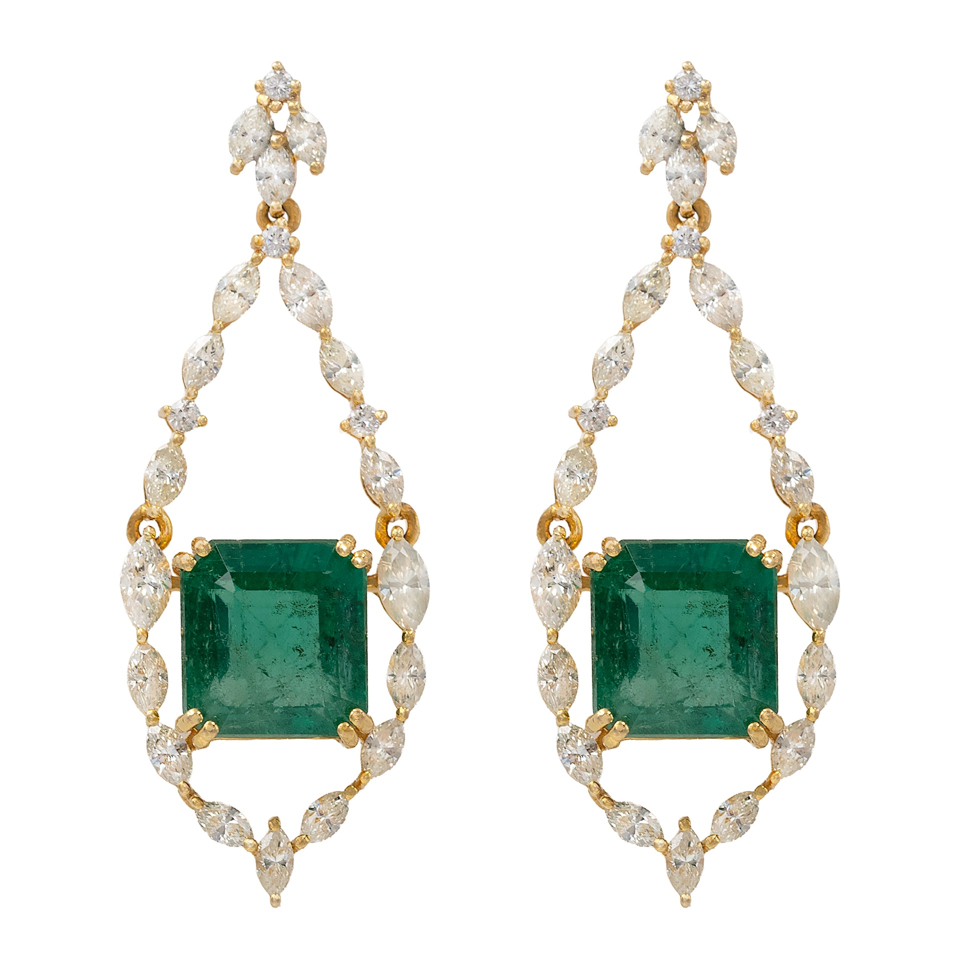 Large Emerald In Diamond Openwork Frame Drop Earrings