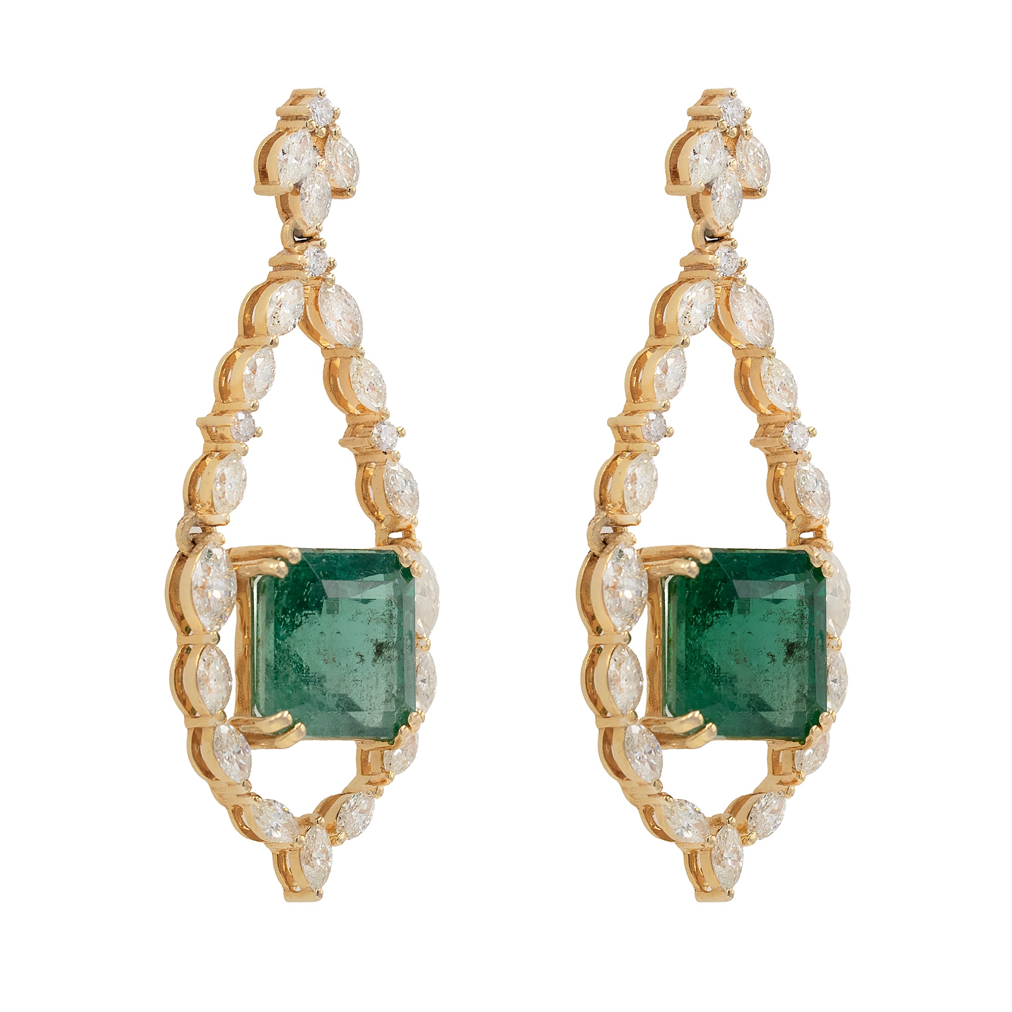 Large Emerald In Diamond Openwork Frame Drop Earrings