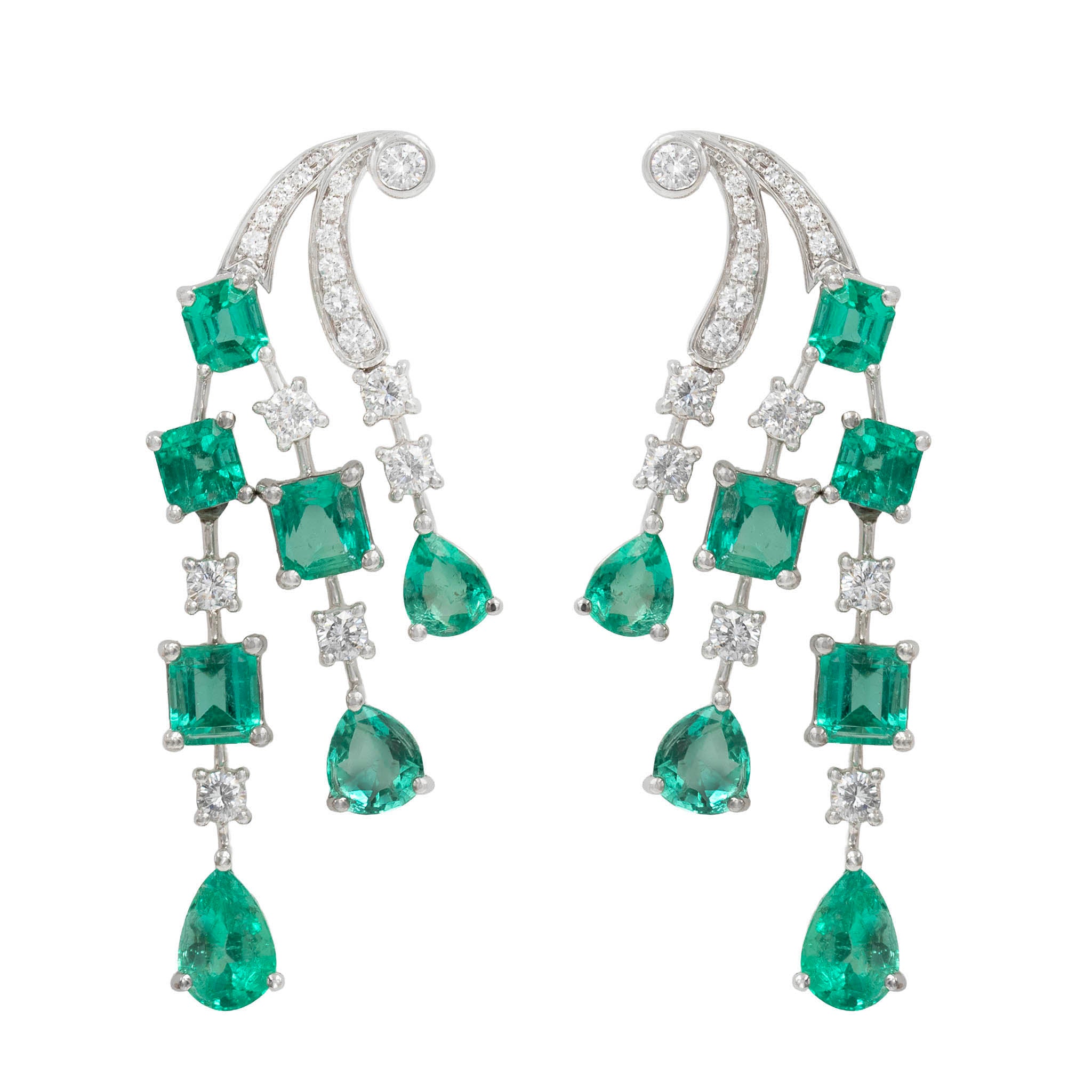 Multi-Shaped Emerald And Diamond Drop Earrings