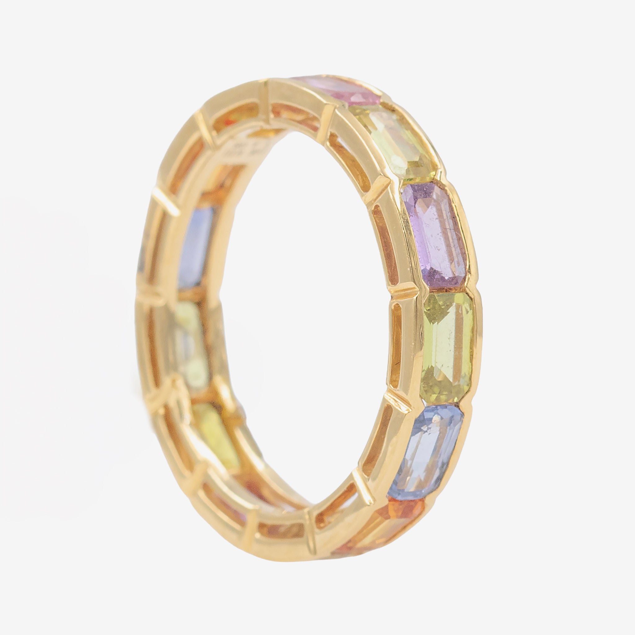 Baguette Rainbow Sapphire Half Bezel Band Ring