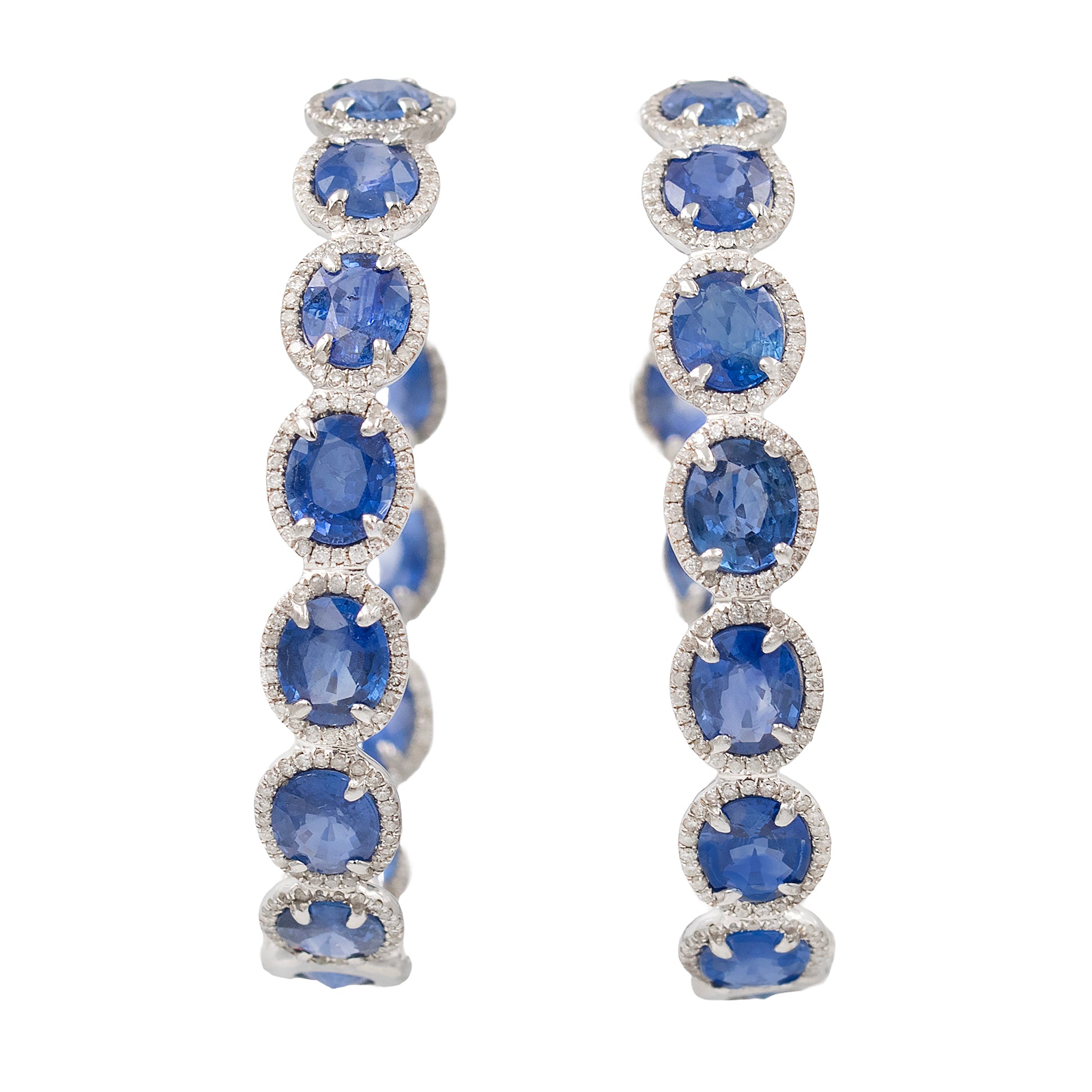 Large Oval Sapphire Hoop Earrings With Diamond Halos