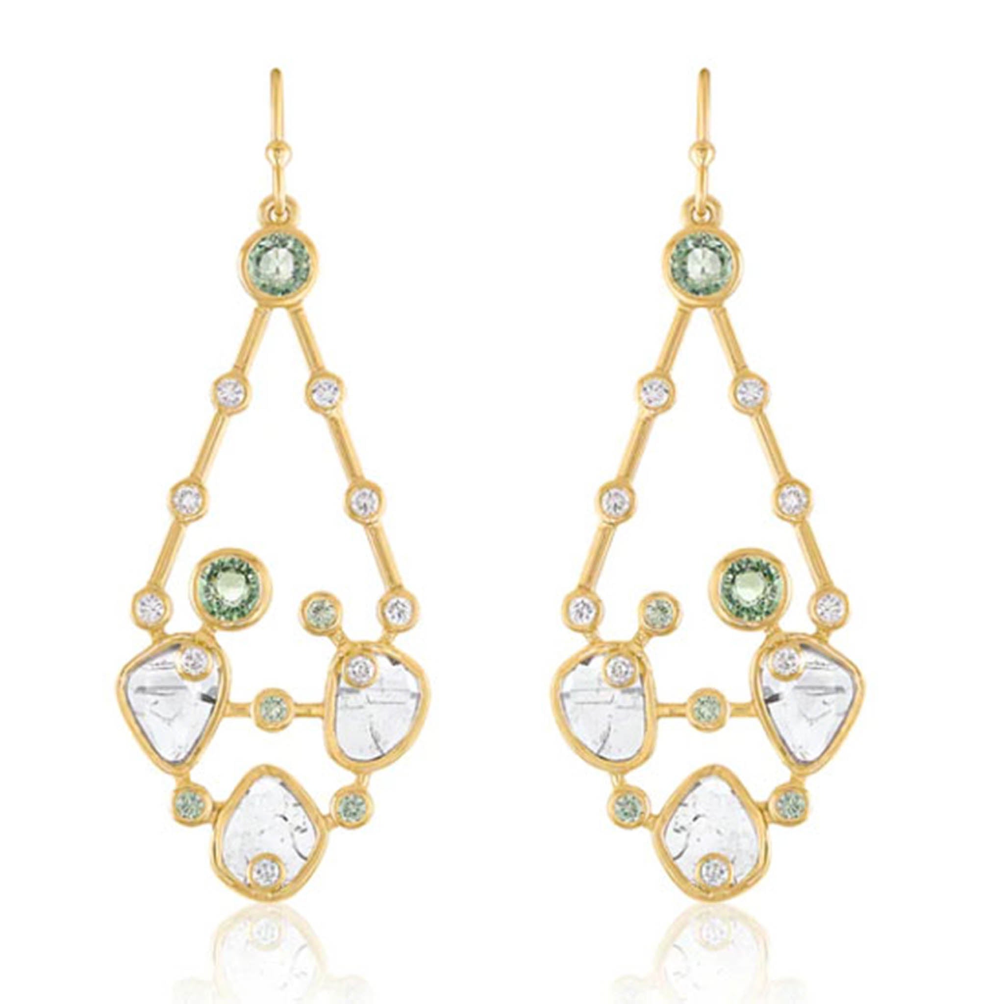 Kite Shaped Drop Earring With Slice Diamonds And Green Tourmaline