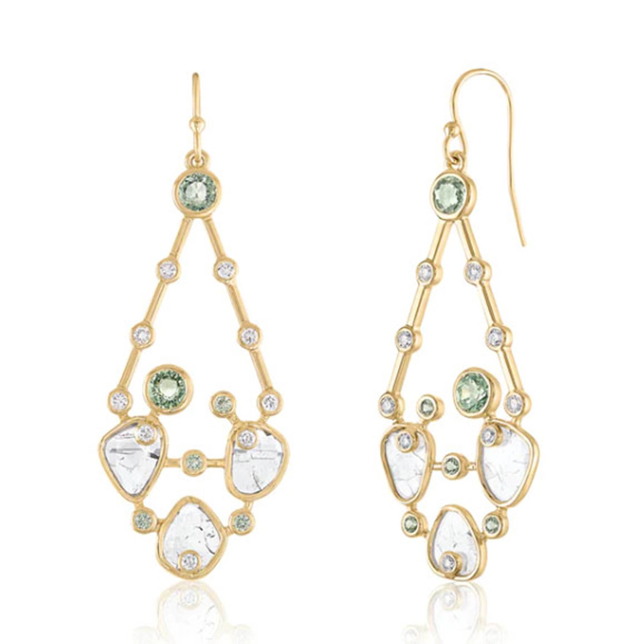 Kite Shaped Drop Earring With Slice Diamonds And Green Tourmaline