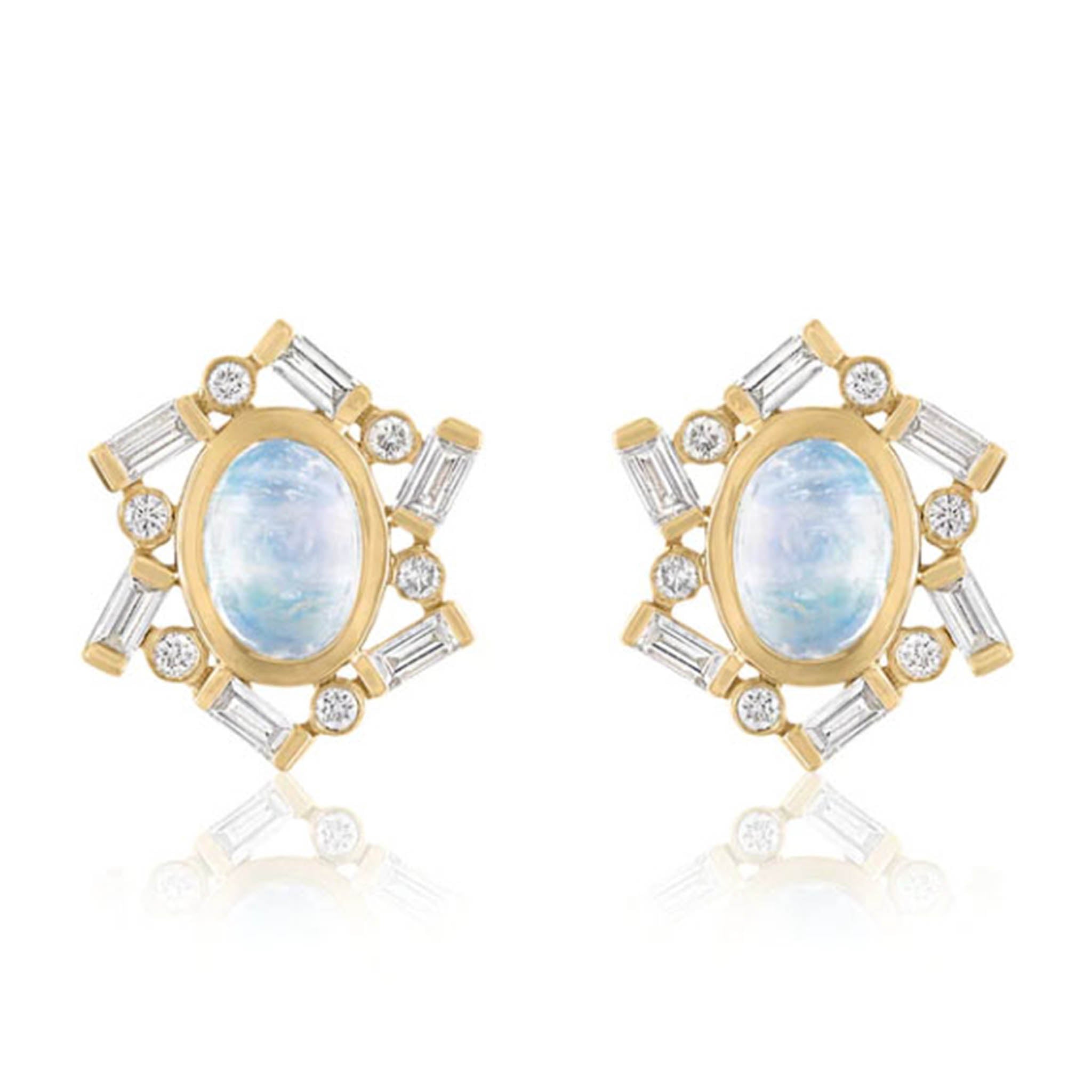 Oval Moonstone Button Earring With Baguette Diamond Halo