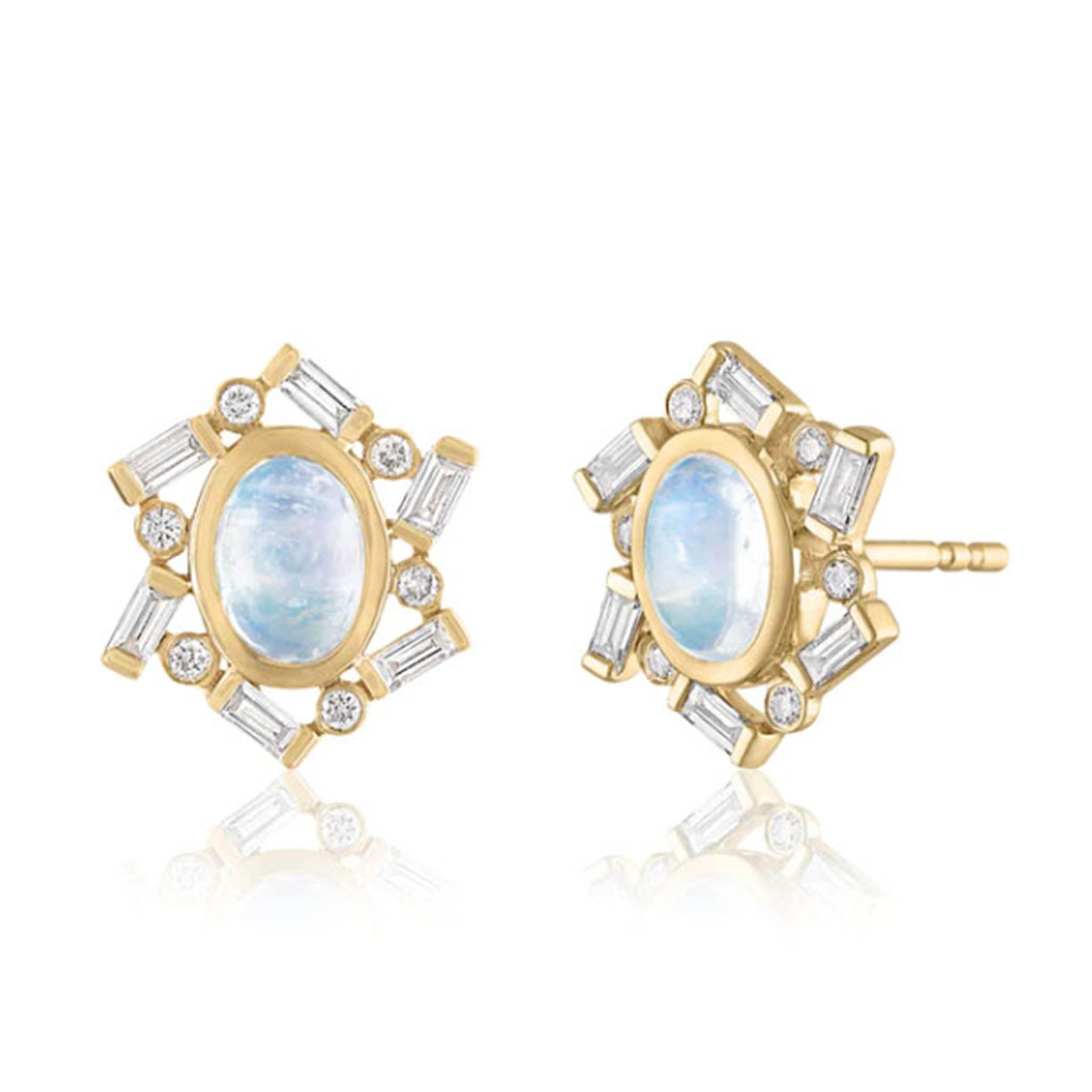 Oval Moonstone Button Earring With Baguette Diamond Halo