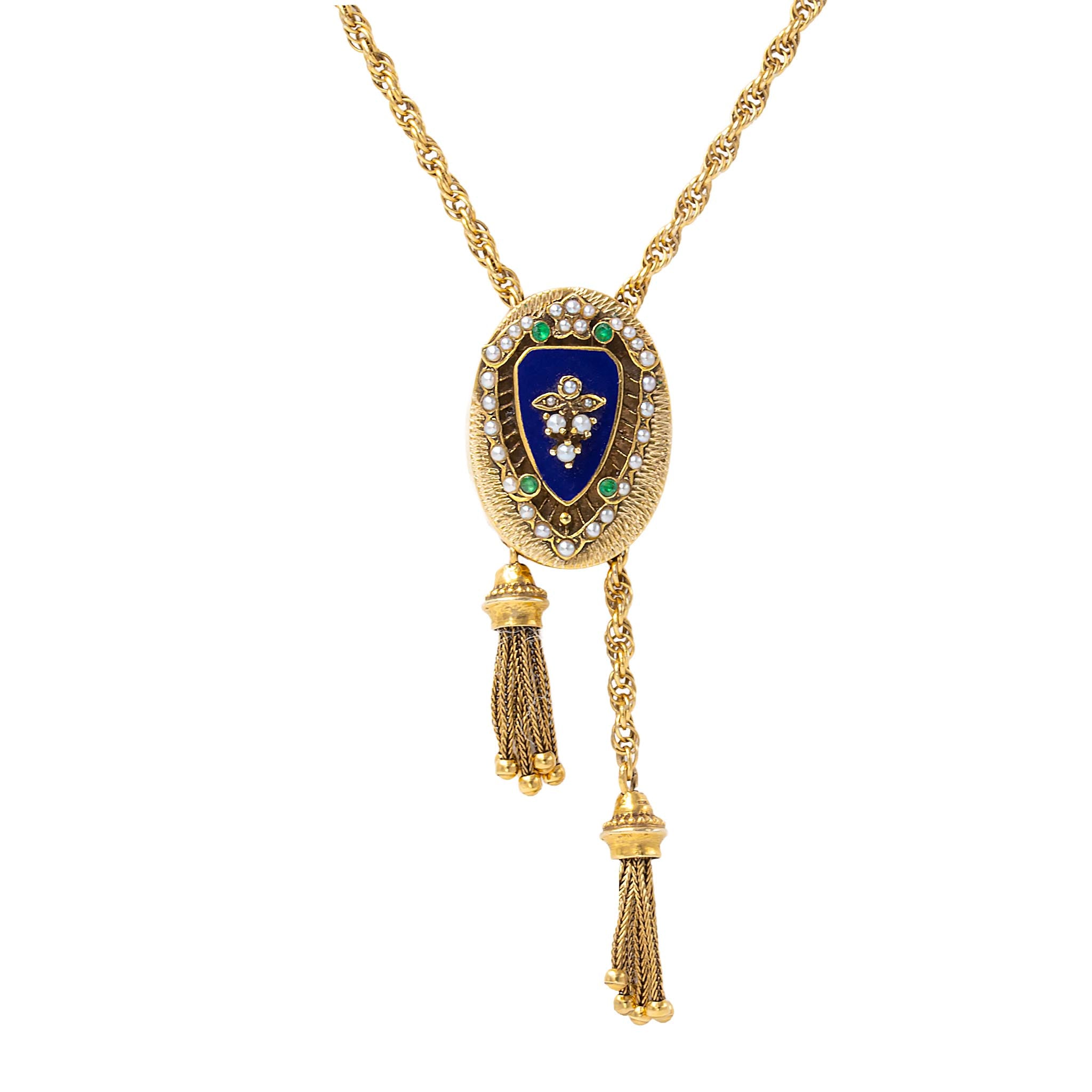 Estate Enamel And Seed Pearl Slide With Tassel Ends