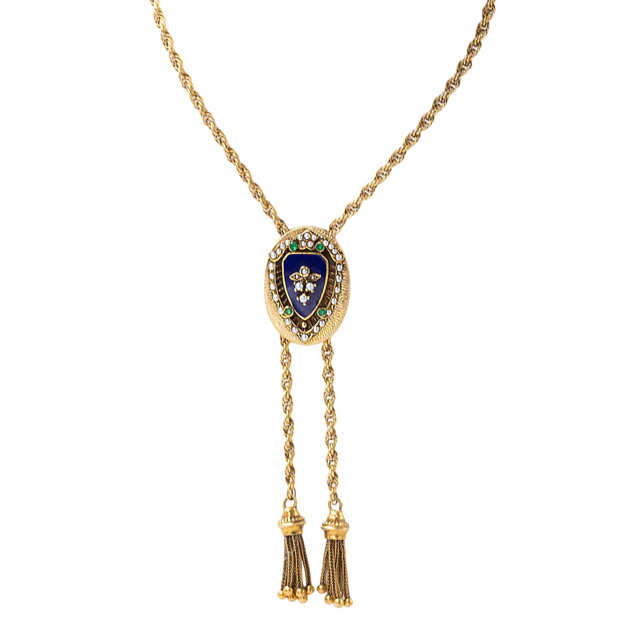 Estate Enamel And Seed Pearl Slide With Tassel Ends