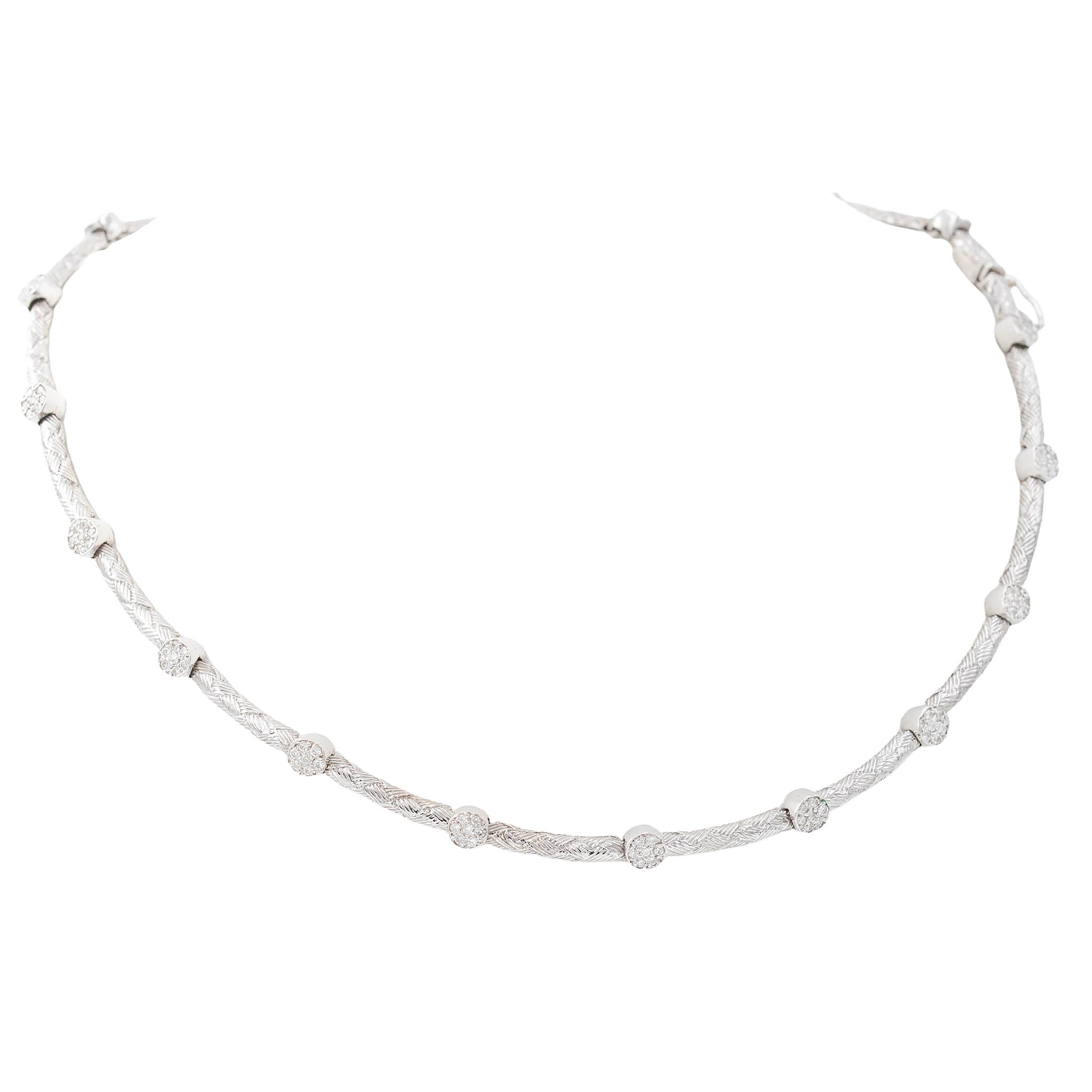 Diamond Cluster Station Textured Necklace In White Gold