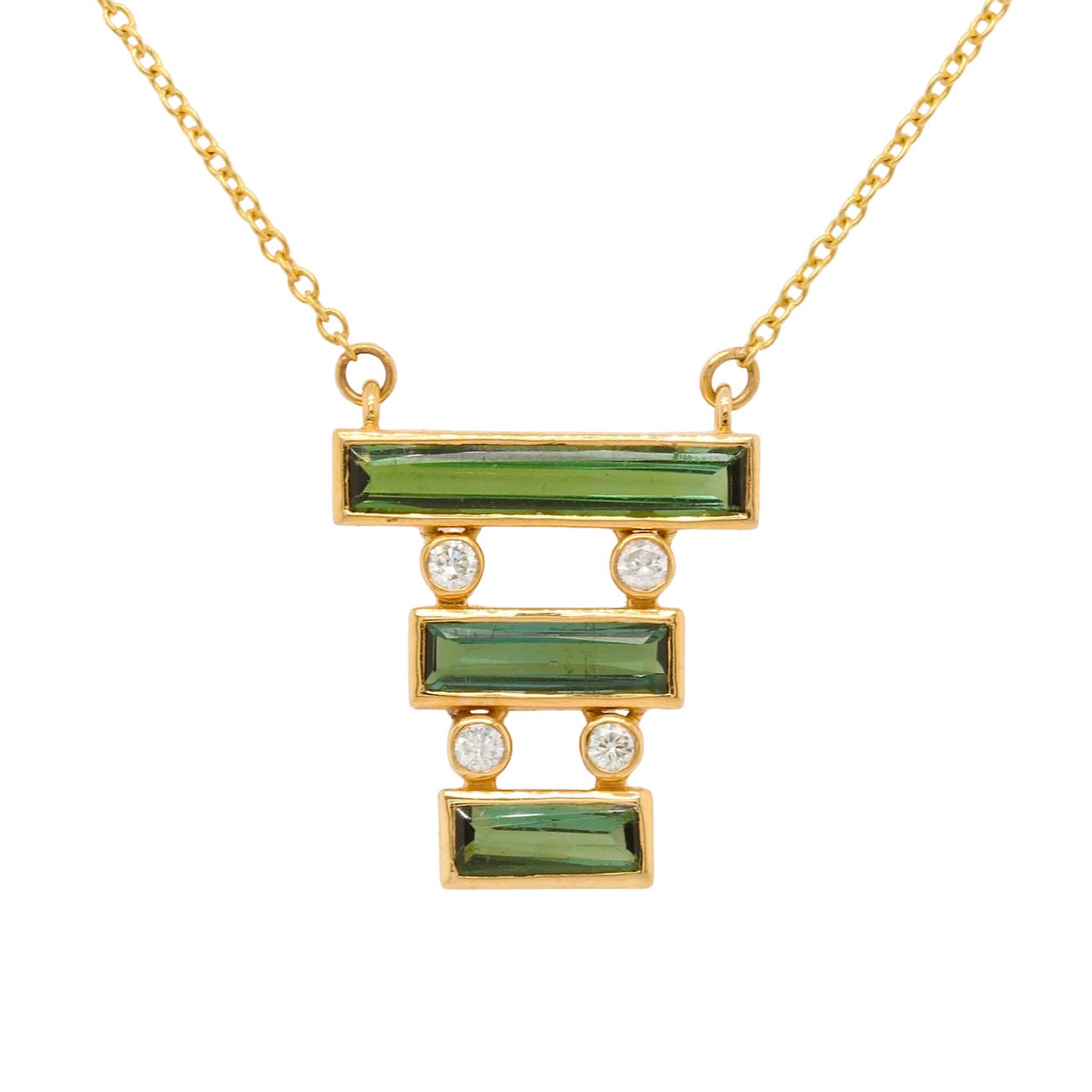 Three Bar Rectangular Cut Green Tourmaline Pendant Necklace
