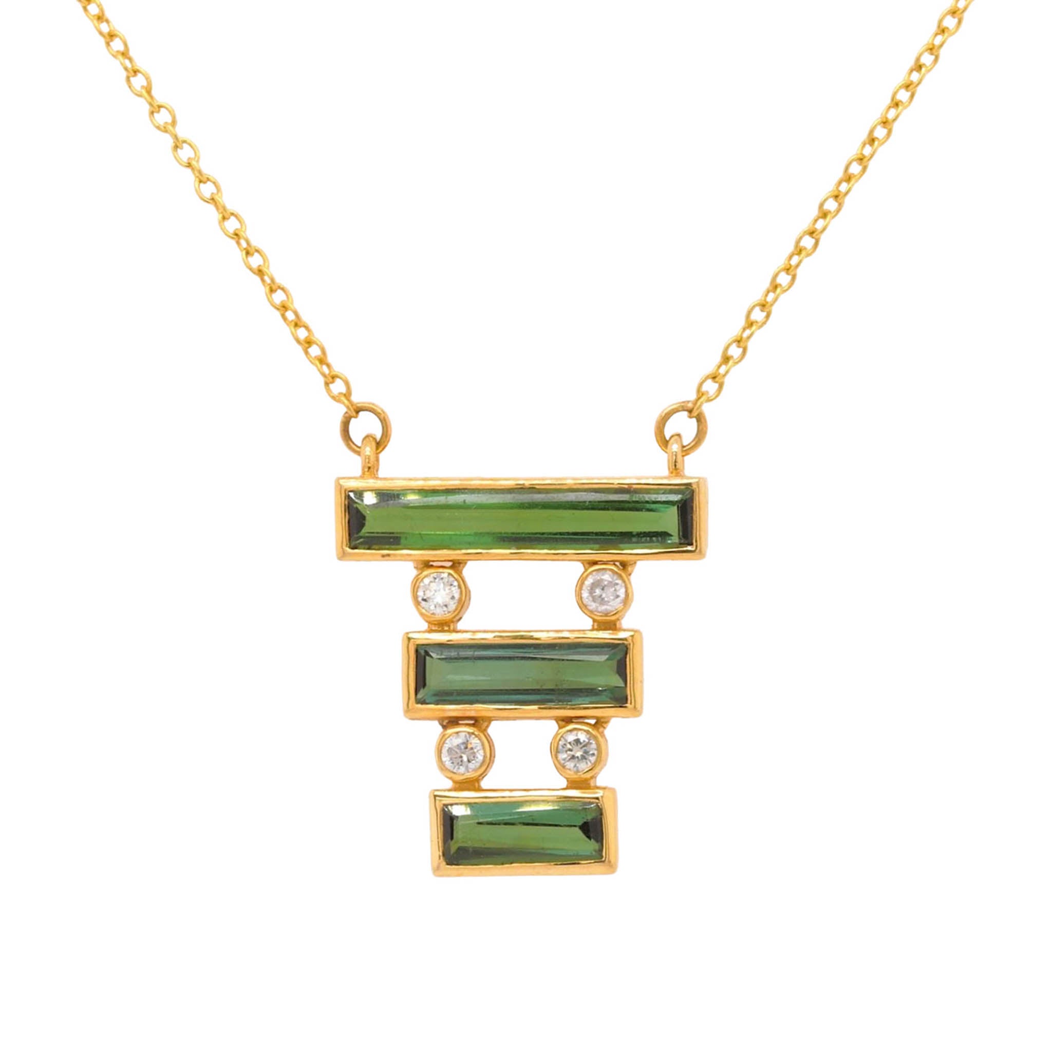 Three Bar Rectangular Cut Green Tourmaline Pendant Necklace
