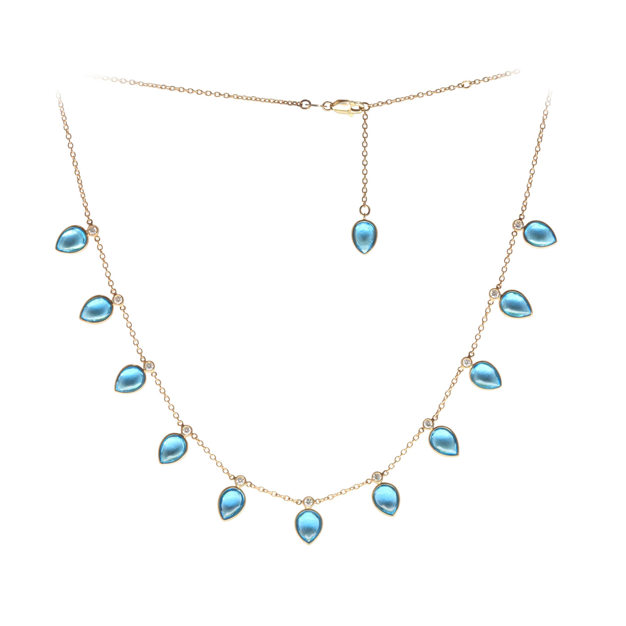 Pear Shaped Blue Topaz Drop Necklace With Diamond Tops