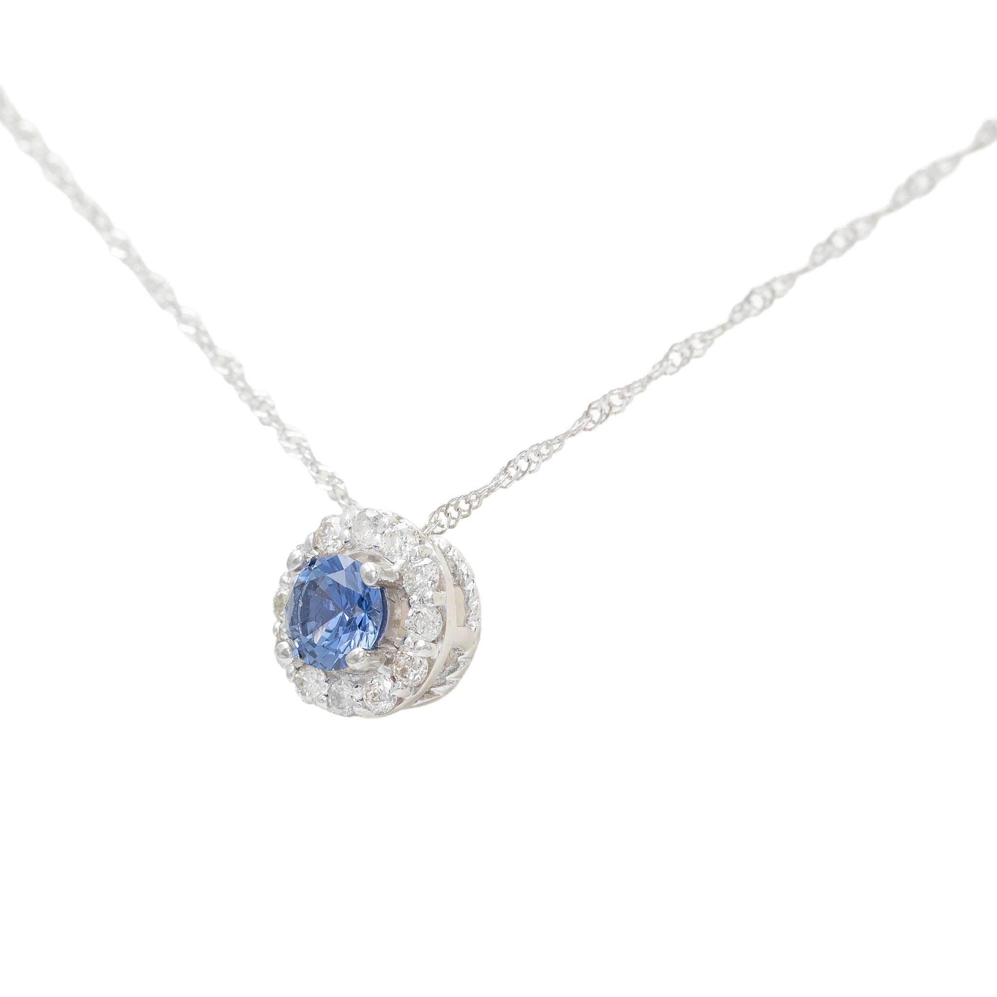 Yogo Sapphire With Diamond Halo Pendant On Chain