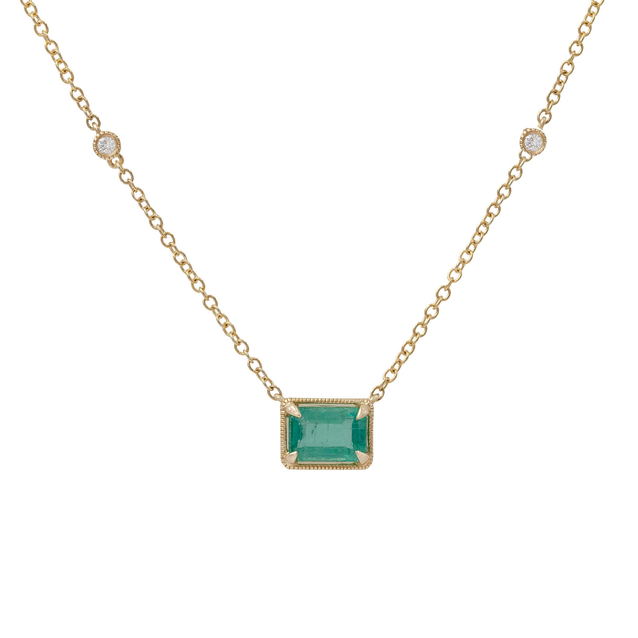 Emerald Cut Emerald In Milgrain Bezel Pendant Necklace