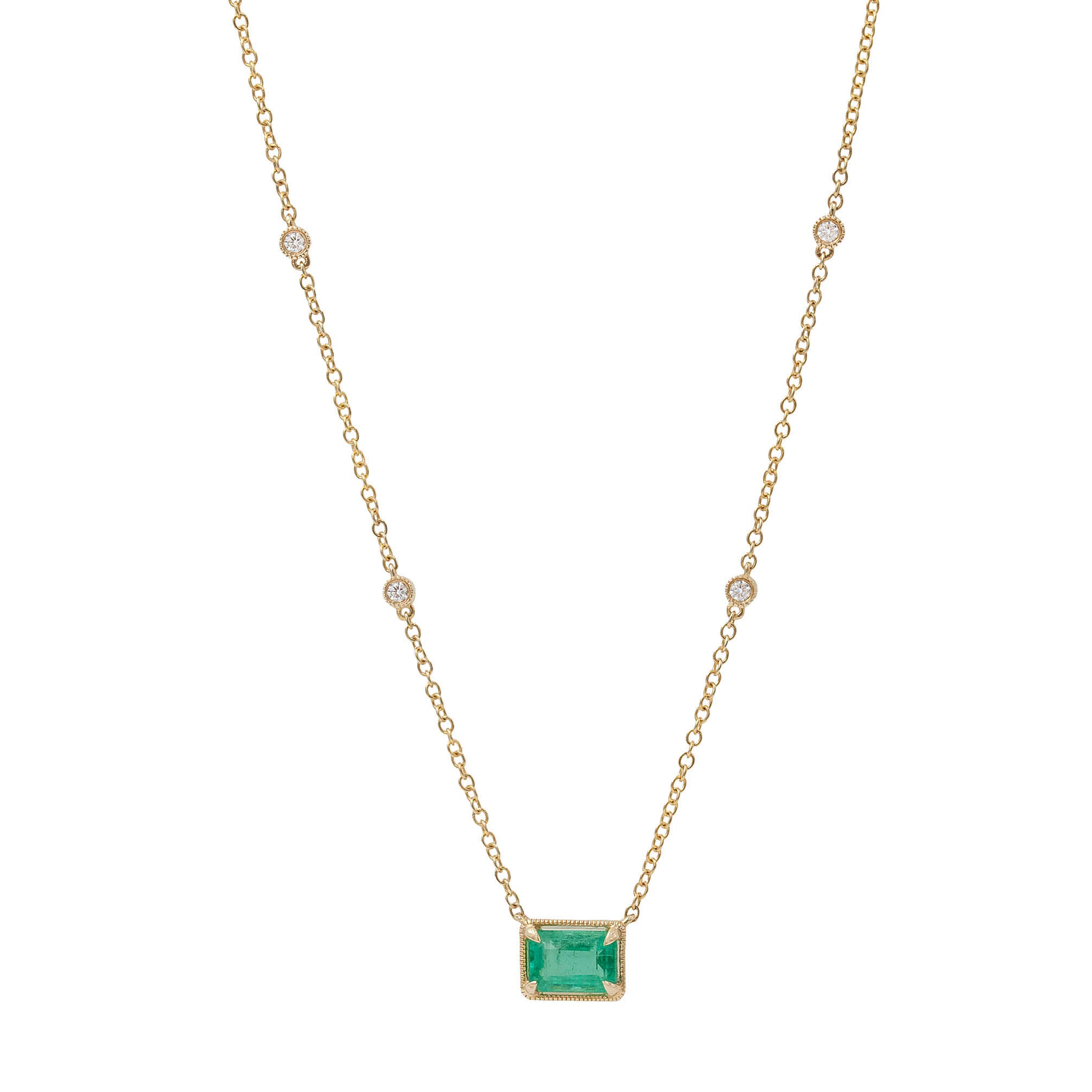 Emerald Cut Emerald In Milgrain Bezel Pendant Necklace