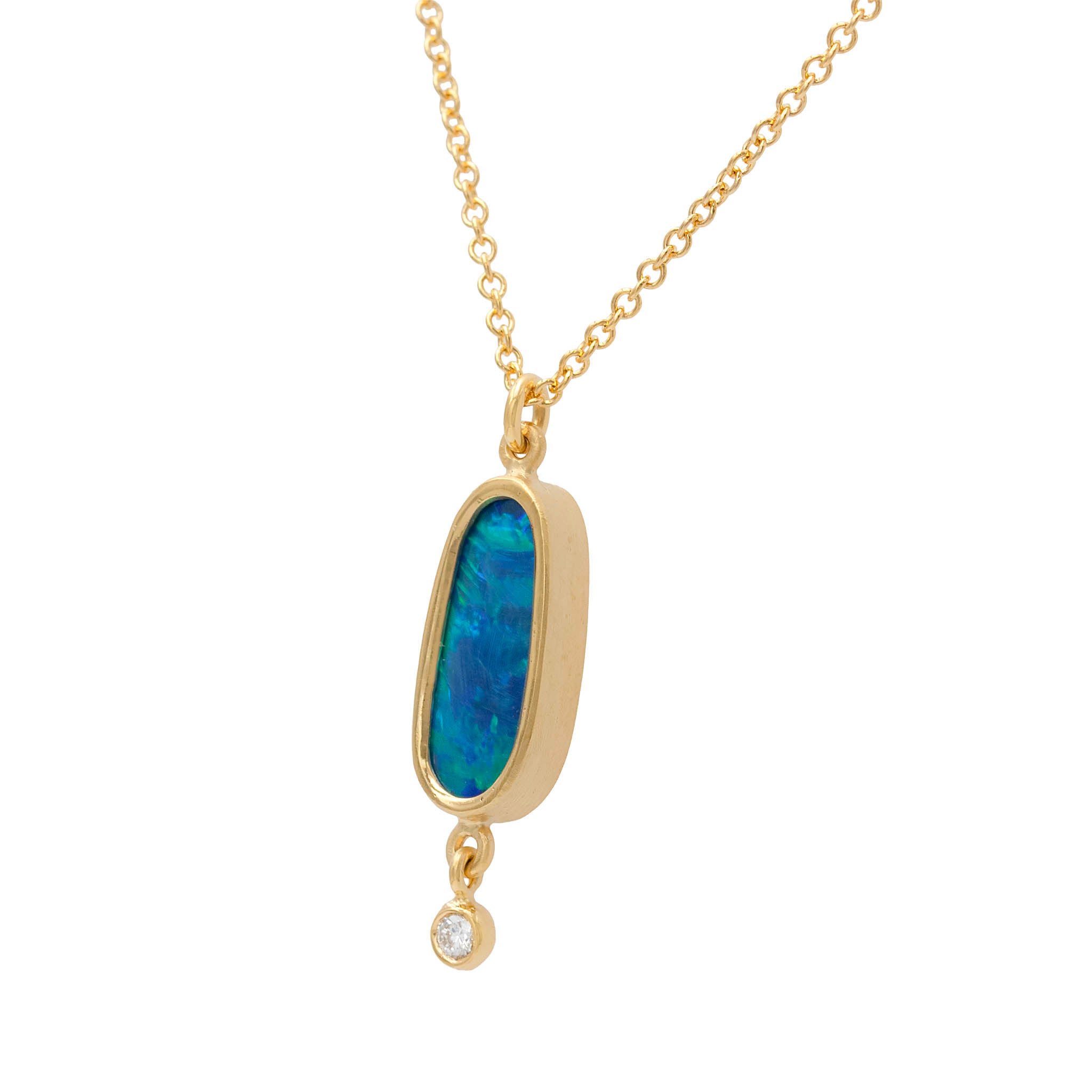 Bezel Set Opal Pendant With Diamond Drop Necklace