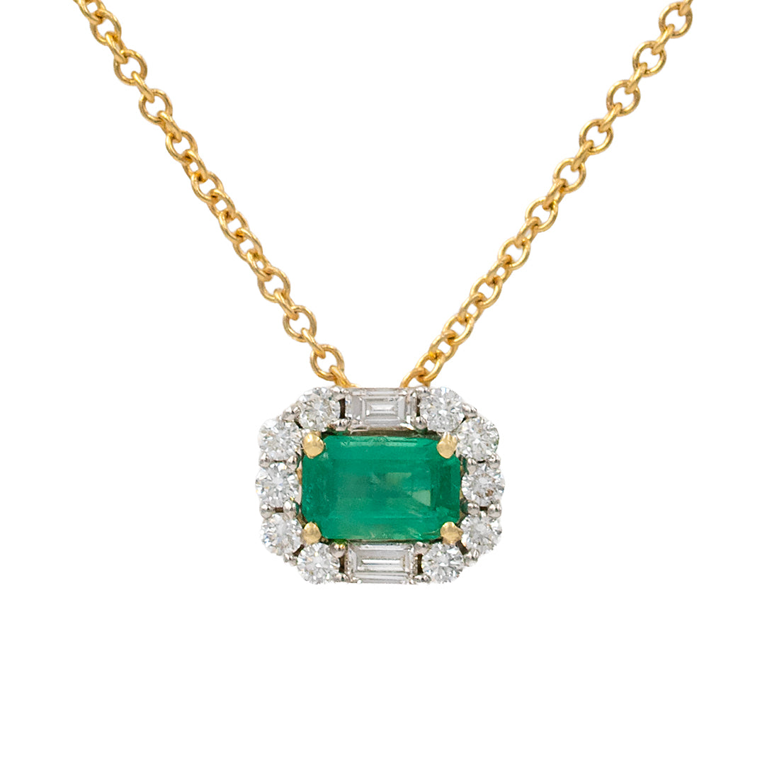 Emerald Cut Emerald With Round And Baguette Diamond Halo Pendant