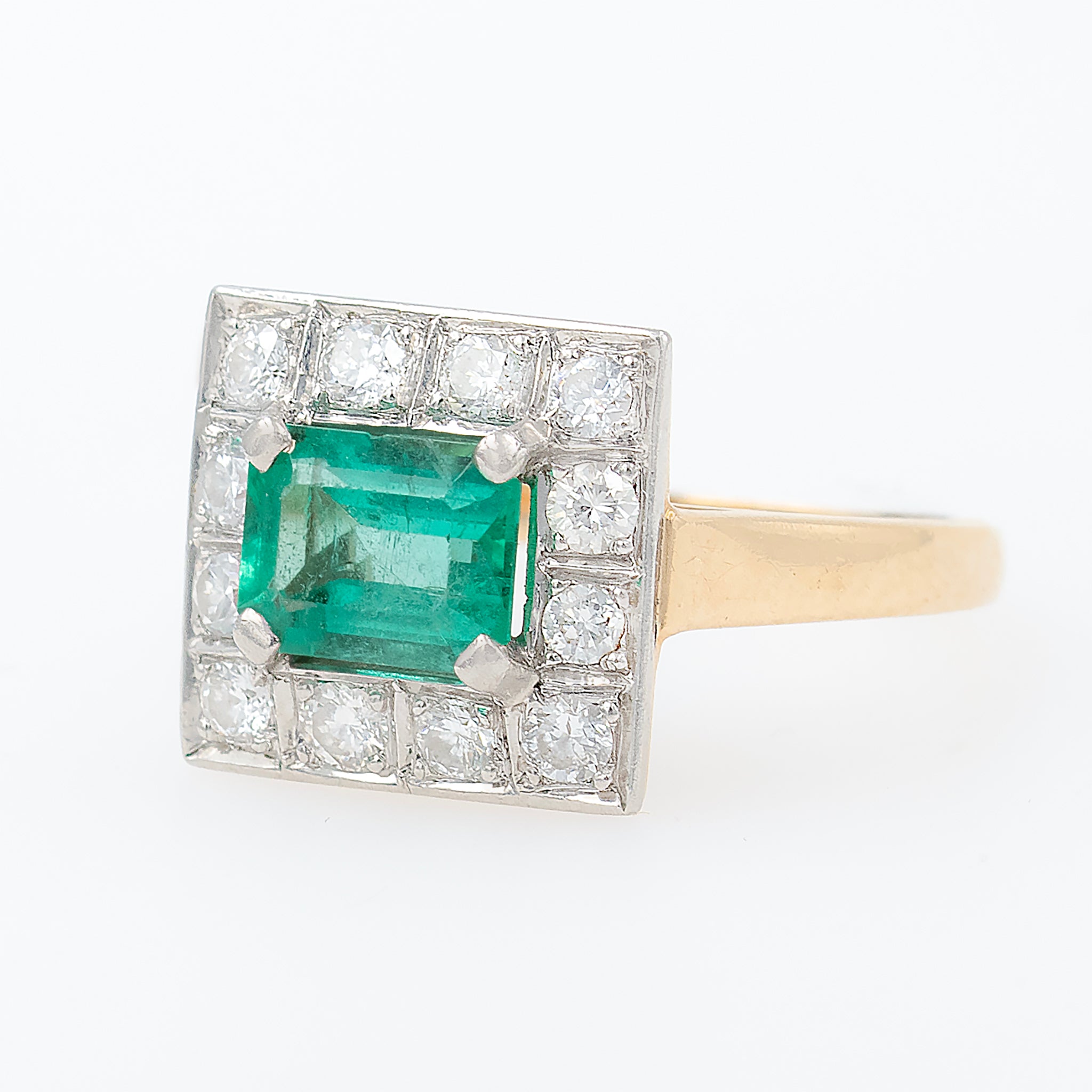Emerald Cut Emerald With Square Diamond Halo Ring