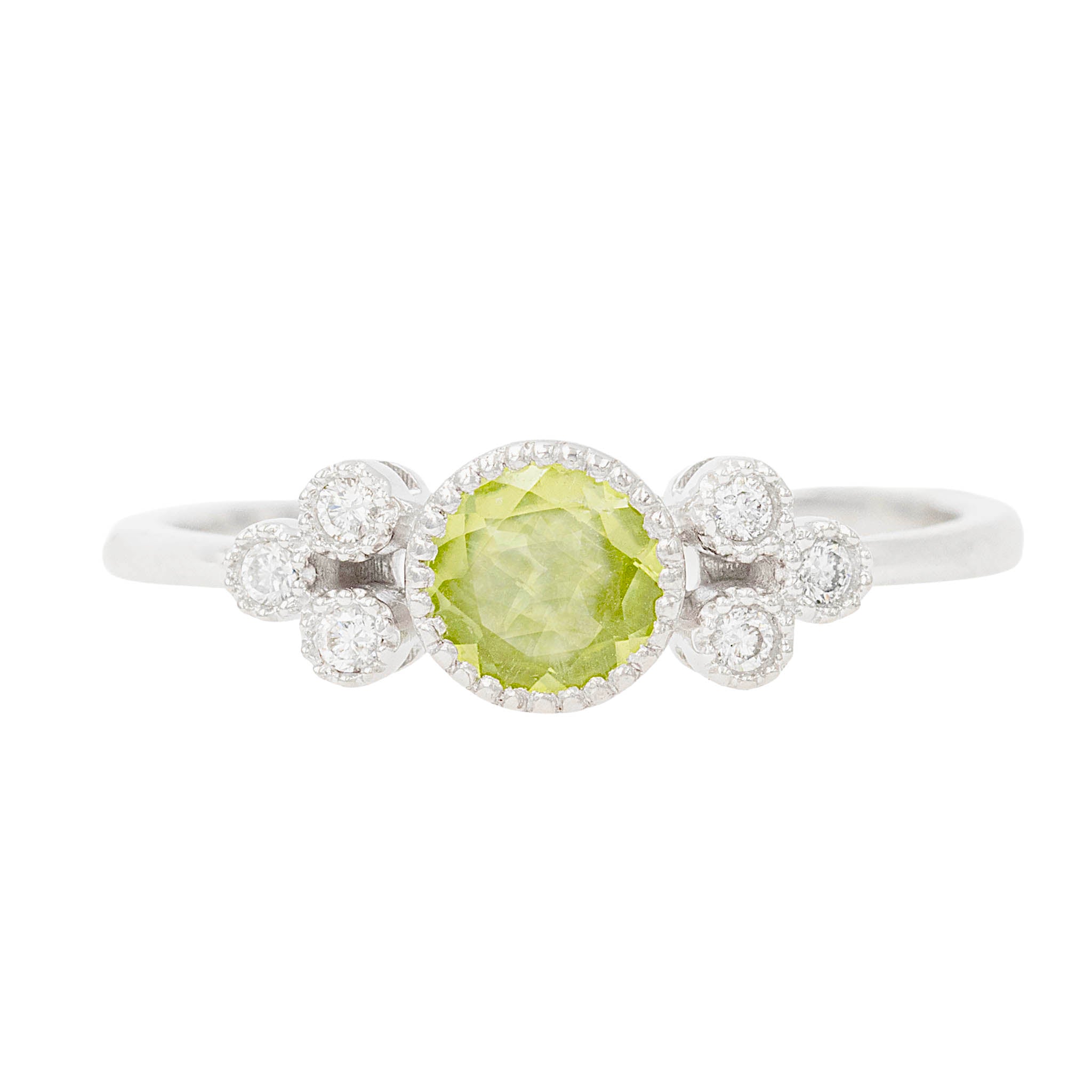 Peridot Ring With Clusters Of Side Diamonds