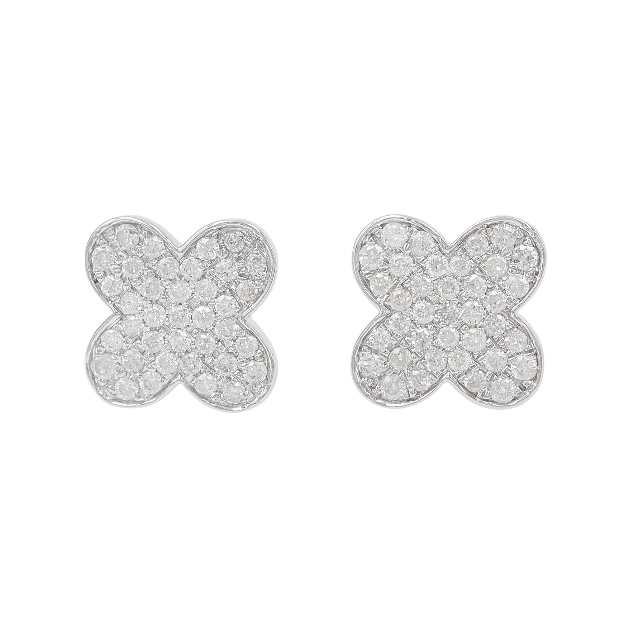 White Gold Pave Diamond Clover Button Earrings