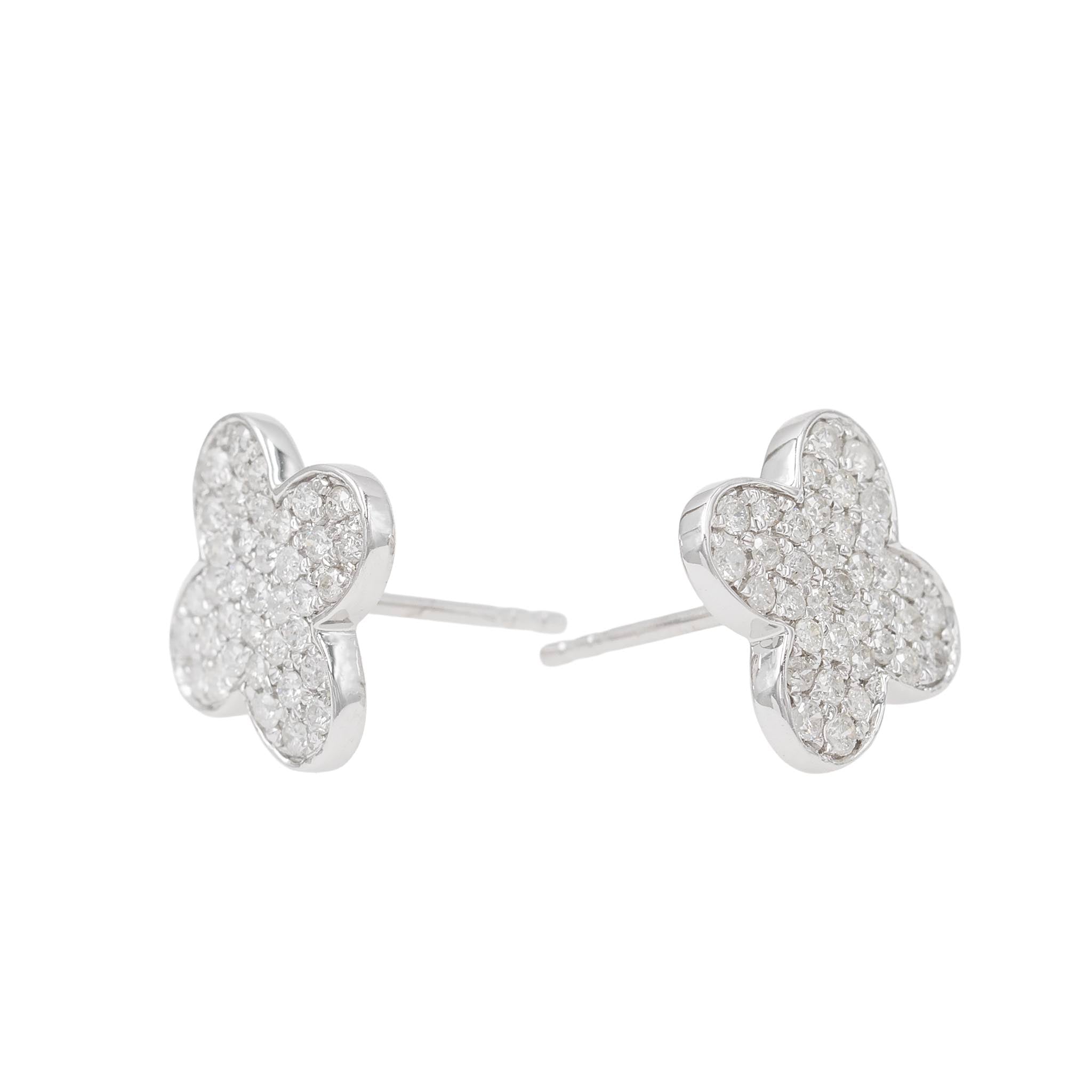 White Gold Pave Diamond Clover Button Earrings