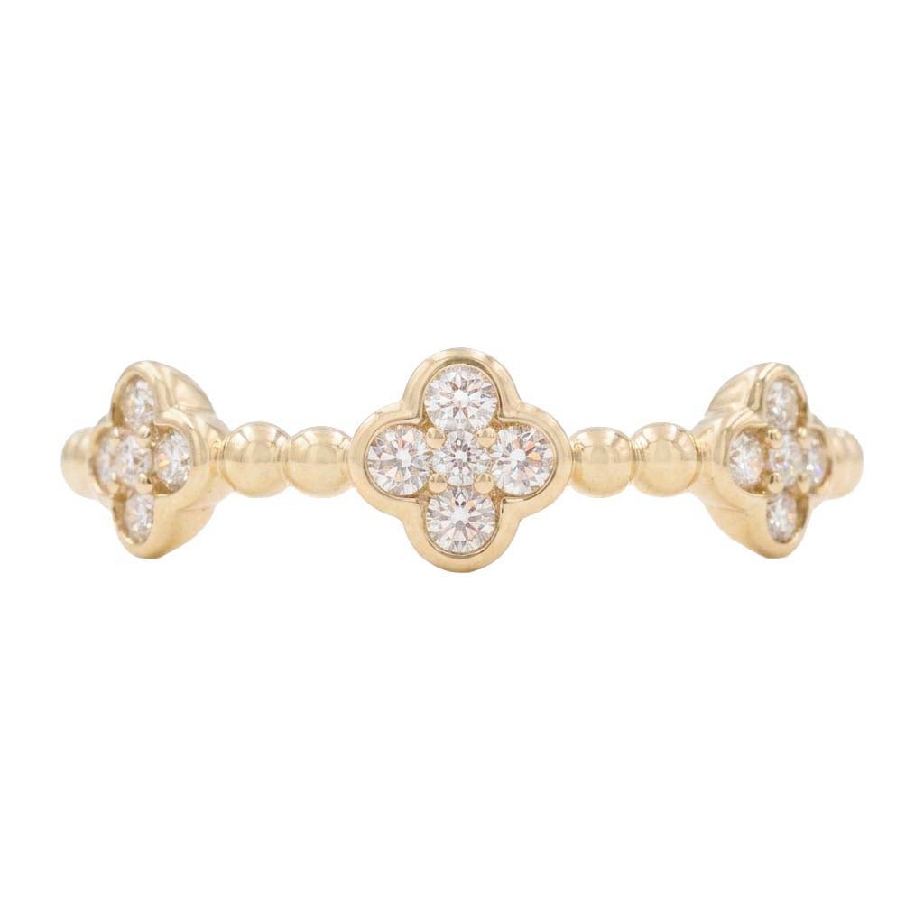 Bezel Set Diamond Clover With Bead Motif Band Ring