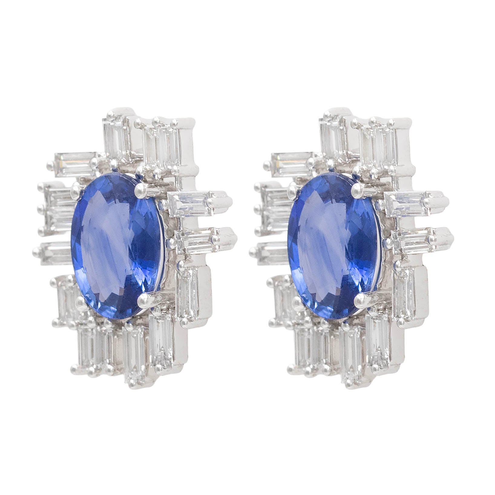 Oval Sapphire With Baguette Diamond Halo Button Earring