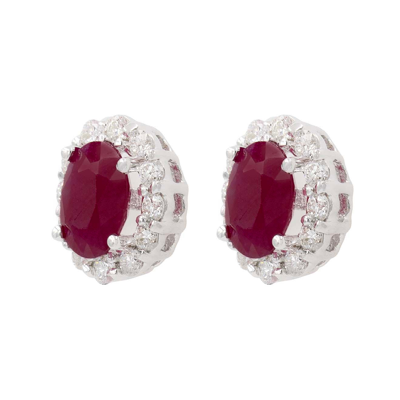 Oval Ruby Stud Earrings With Diamond Halo