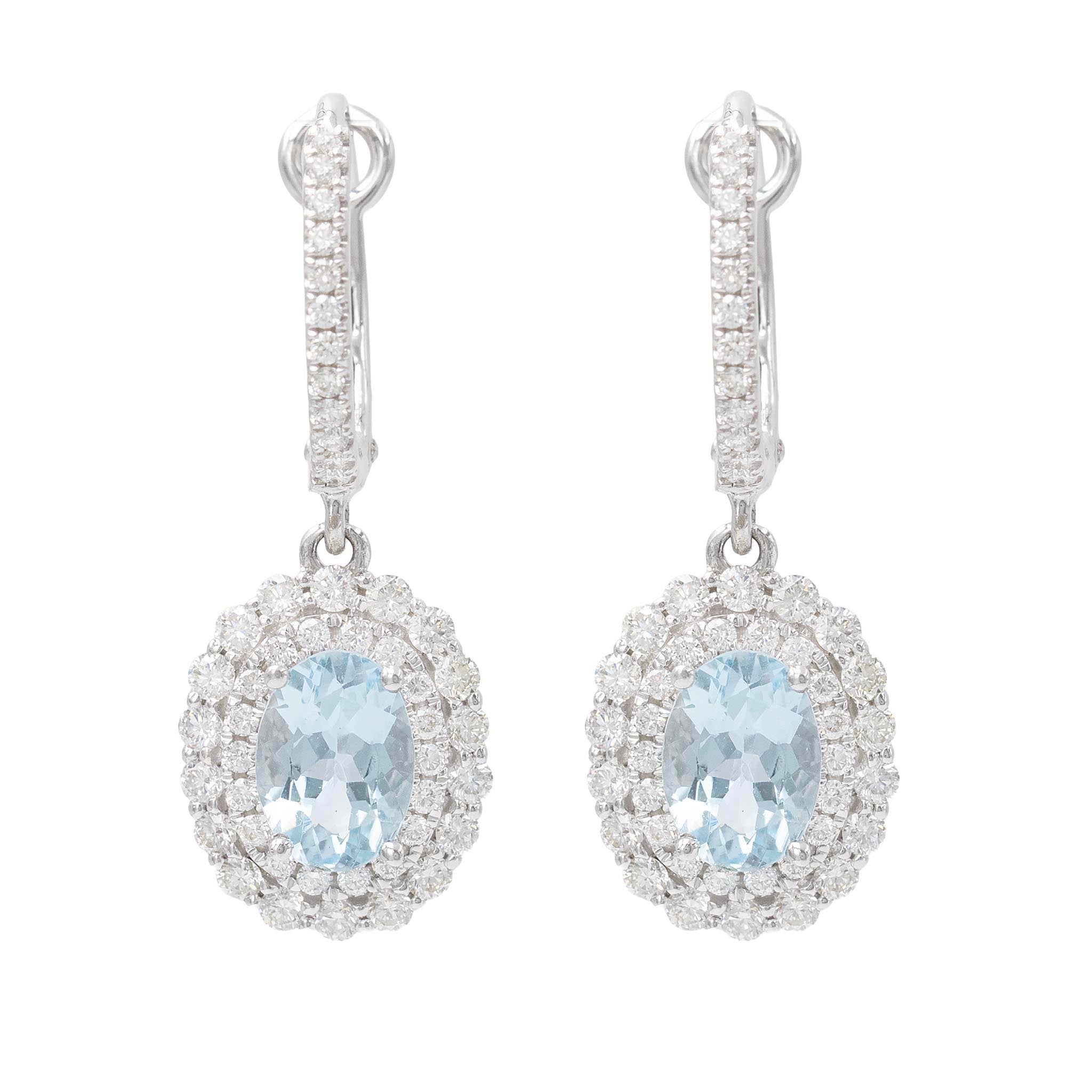 Aquamarine With Double Diamond Halo Drop Earrings