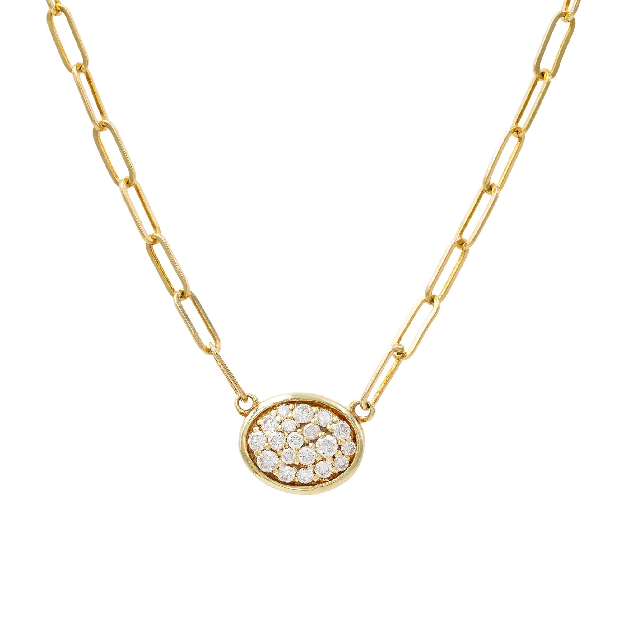 Pave Diamond Oval Pendant With Paperclip Chain