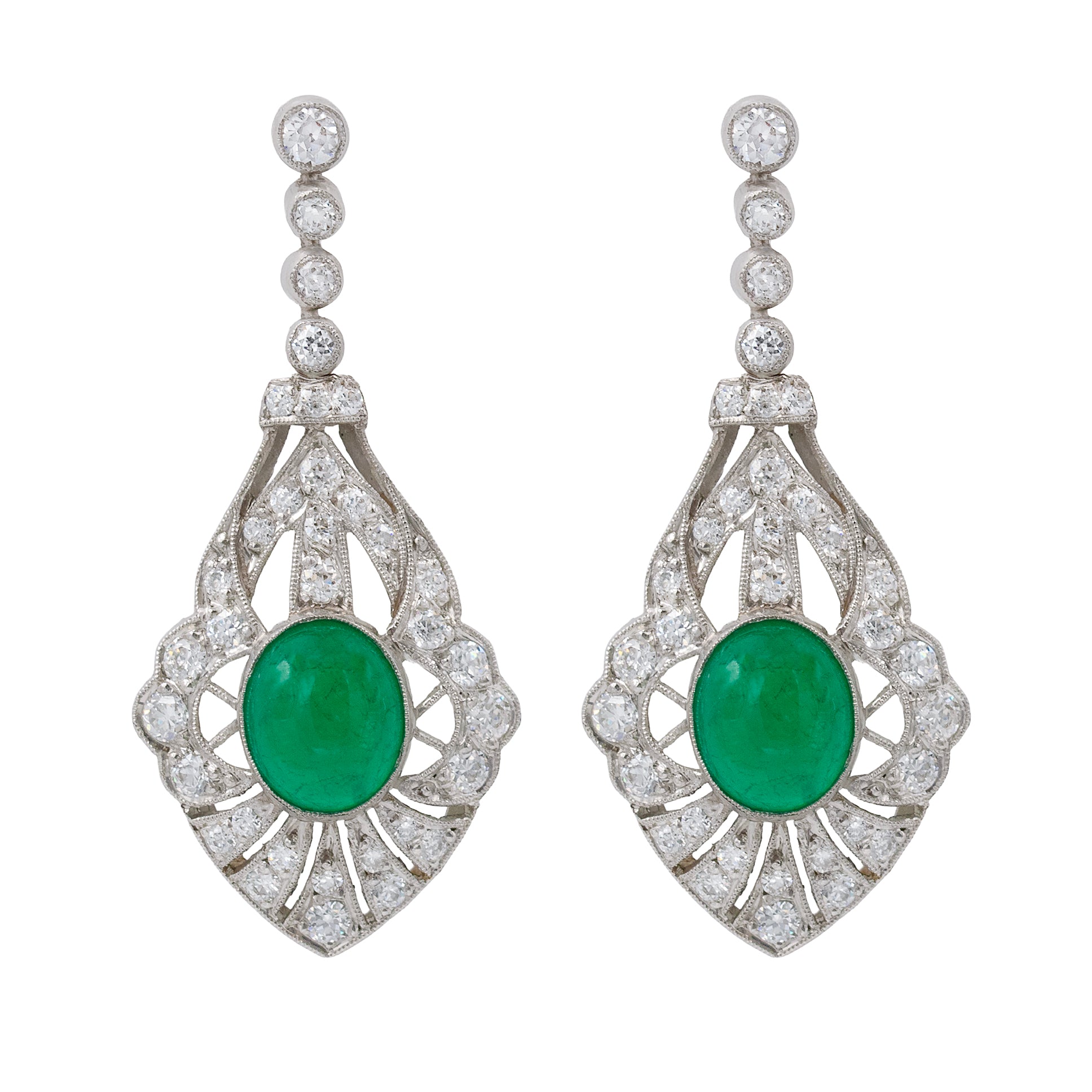 Cabochon Oval Emerald With Diamonds Drop Earrings
