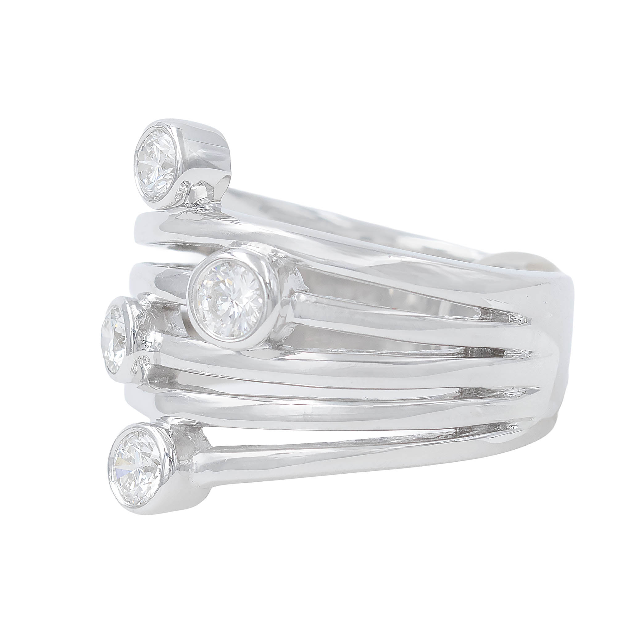 Wide Openwork White Gold Band With Bezel Set Diamonds