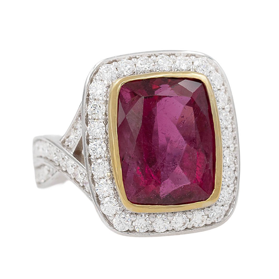 Large Rubellite Garnet With Diamond Halo And Shank Ring