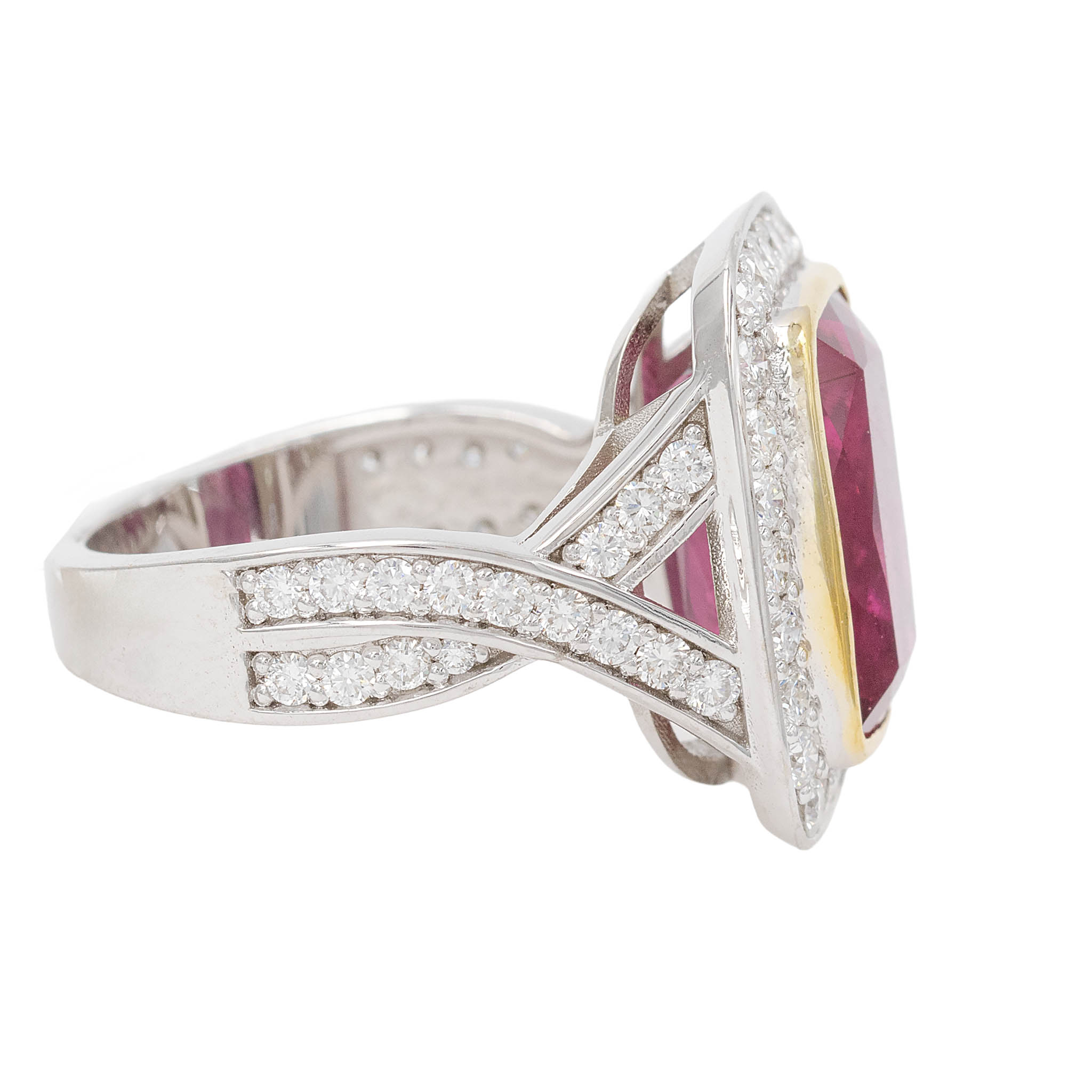 Large Rubellite Garnet With Diamond Halo And Shank Ring