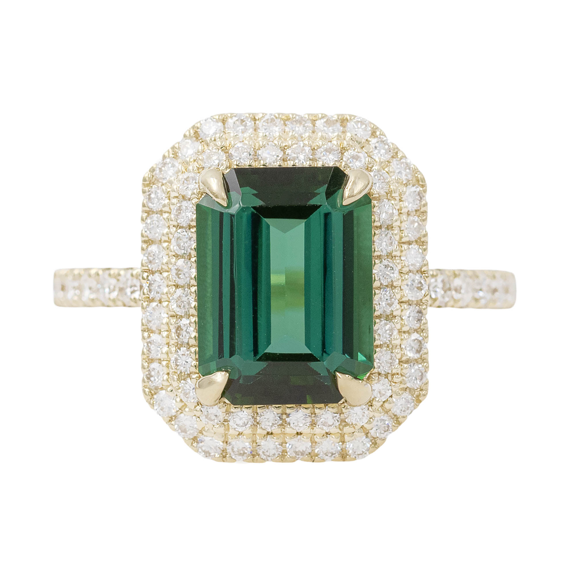 Emerald Cut Tourmaline Ring With Double Diamond Halo