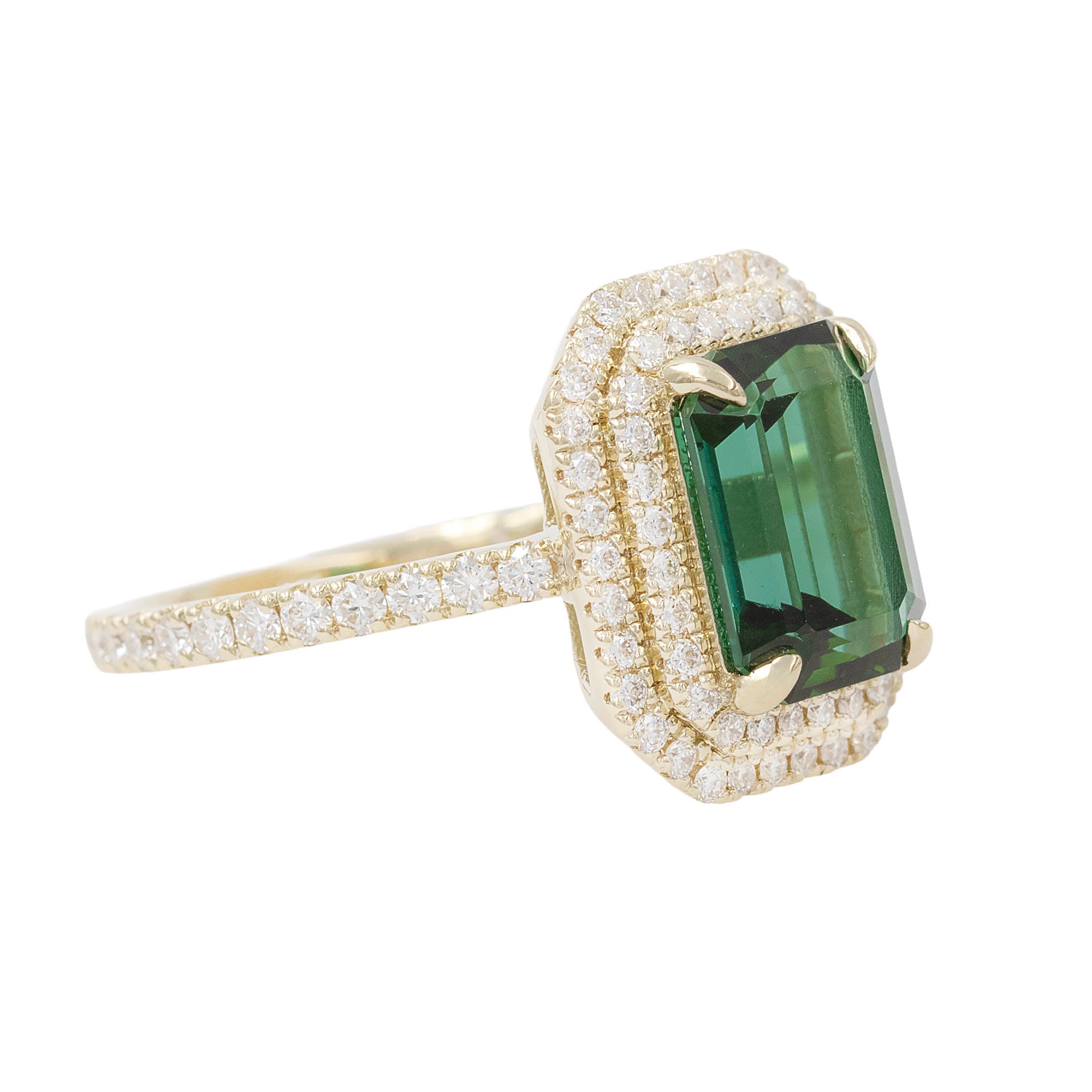 Emerald Cut Tourmaline Ring With Double Diamond Halo