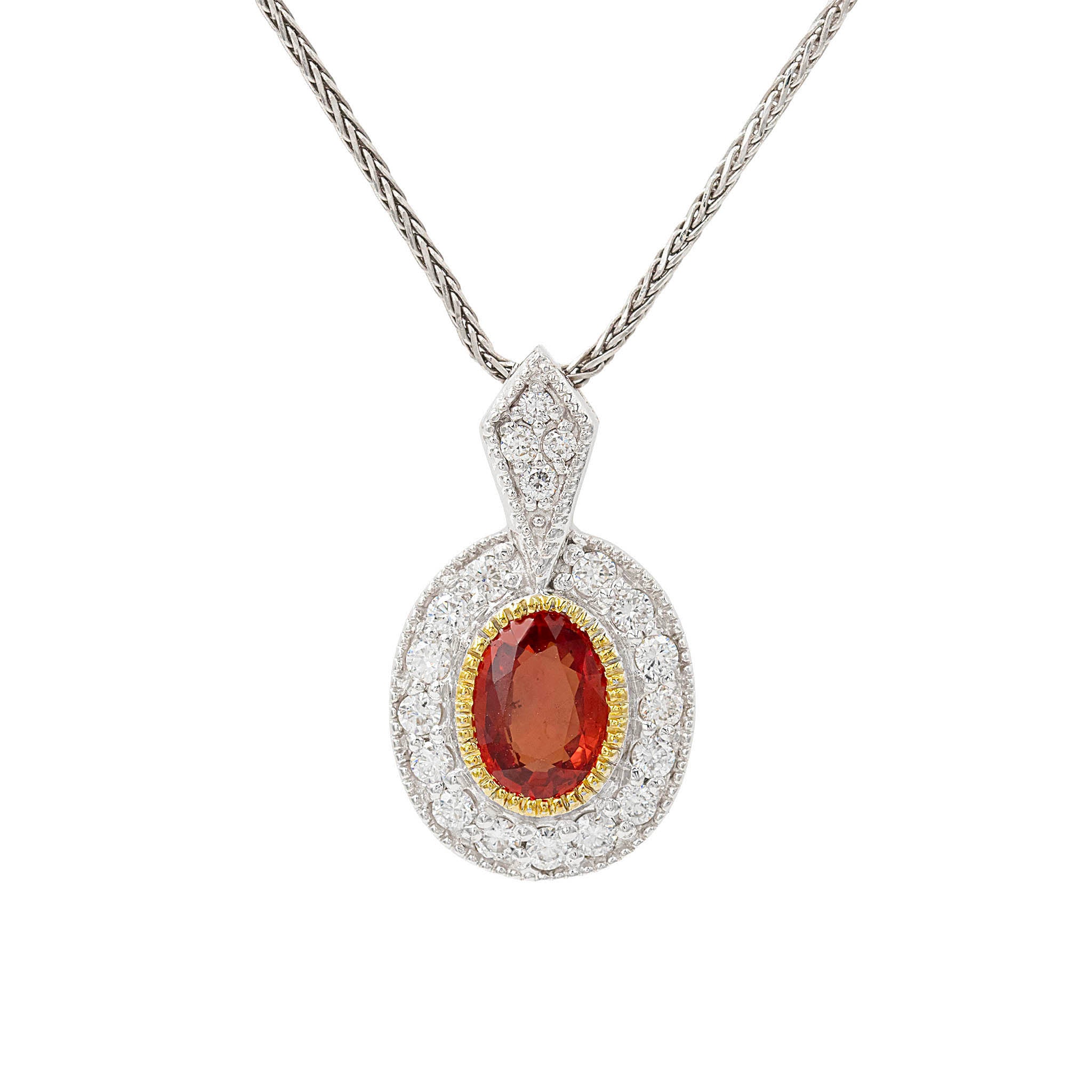 Oval Orange Sapphire Pendant With Deco Style Diamond Mounting