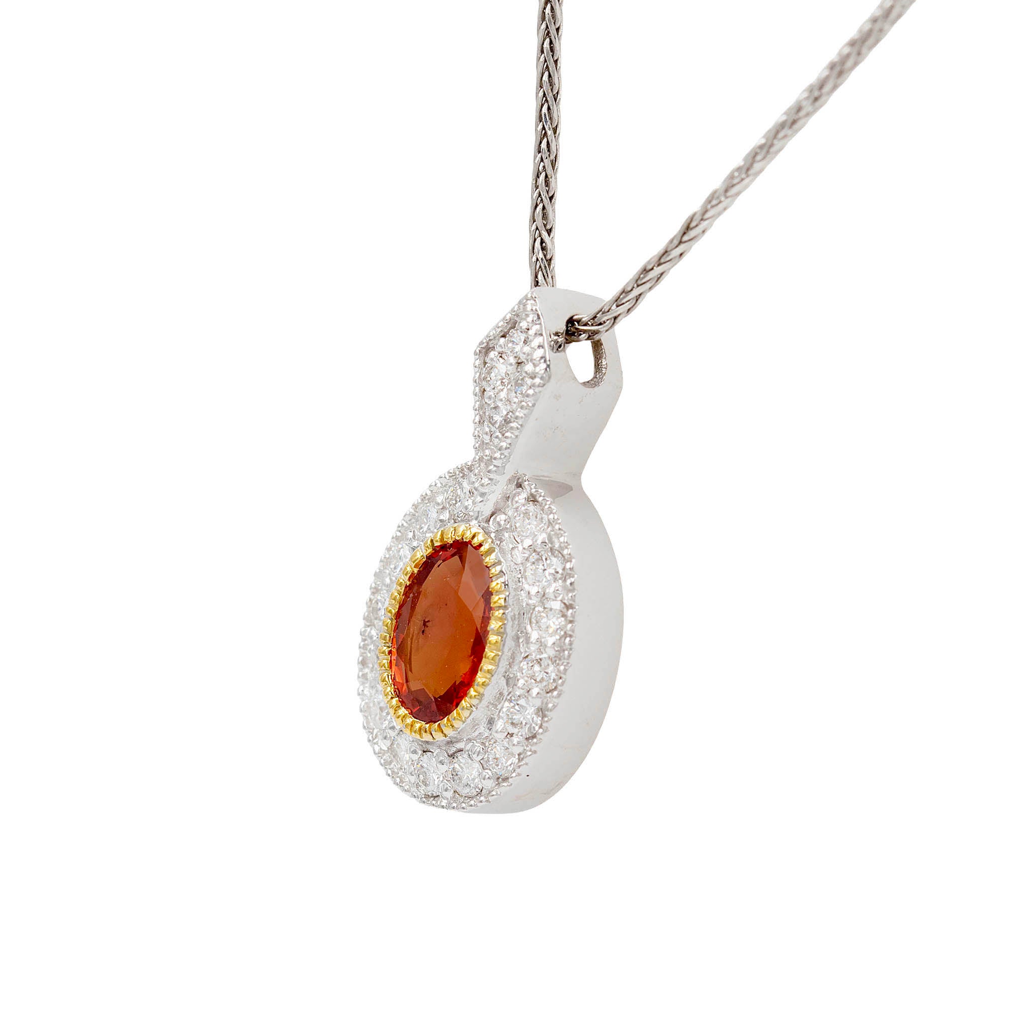 Oval Orange Sapphire Pendant With Deco Style Diamond Mounting